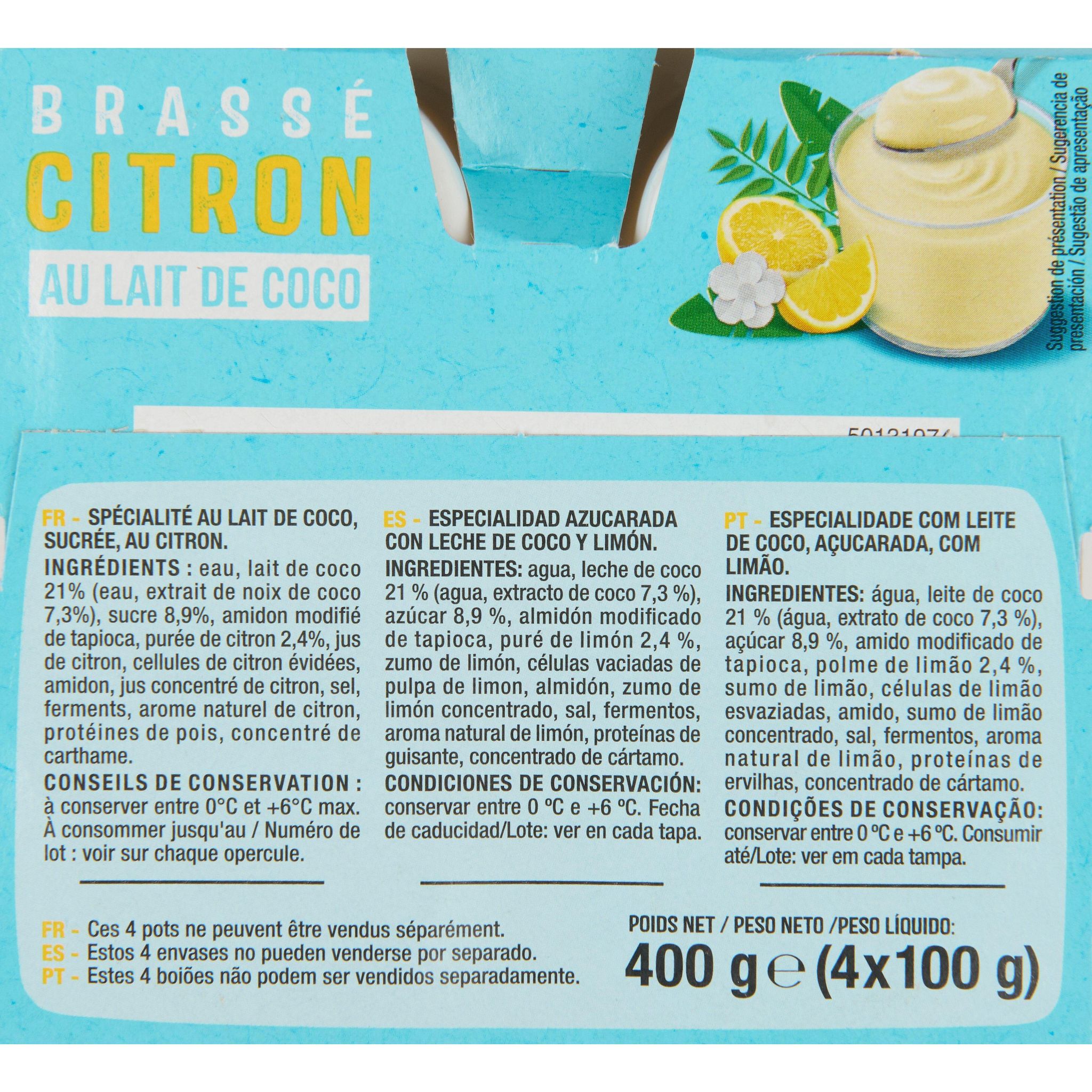 Voir la diapositive 4 : AUCHAN Yaourt végétal brassé au lait de coco saveur citron 4x100g