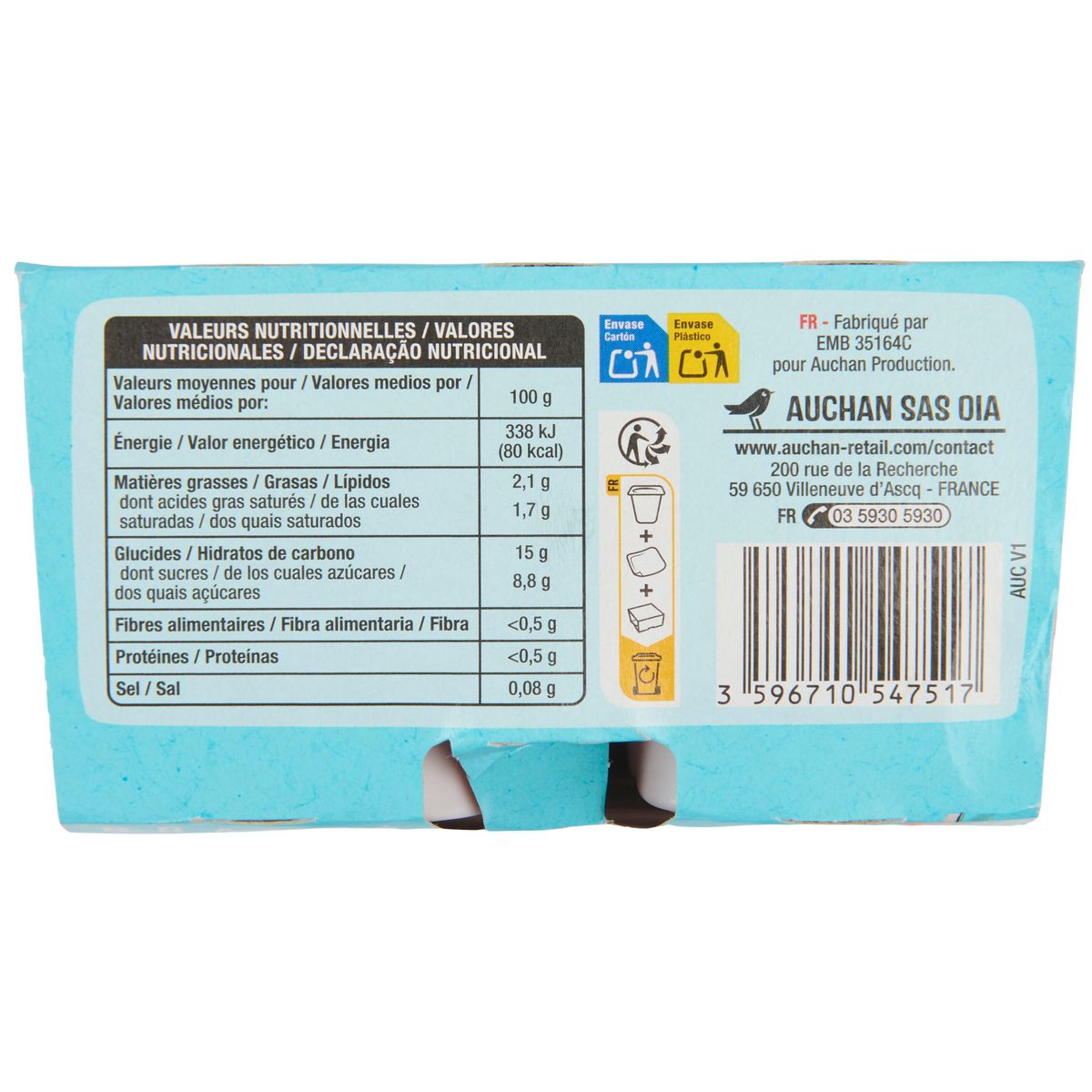 AUCHAN Yaourt brassé fraise au lait de coco 4x100g