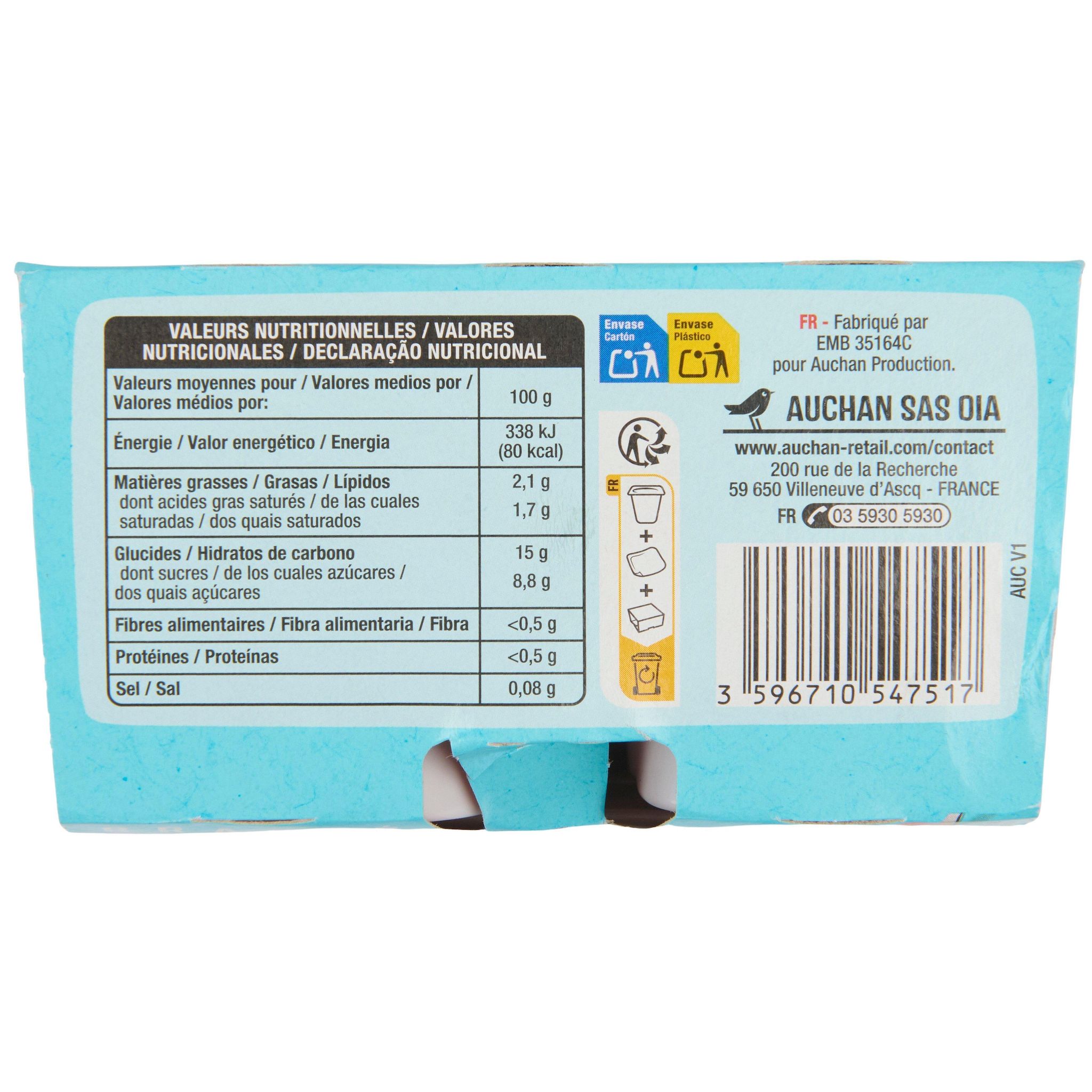 Voir la diapositive 3 : AUCHAN Yaourt brassé fraise au lait de coco 4x100g