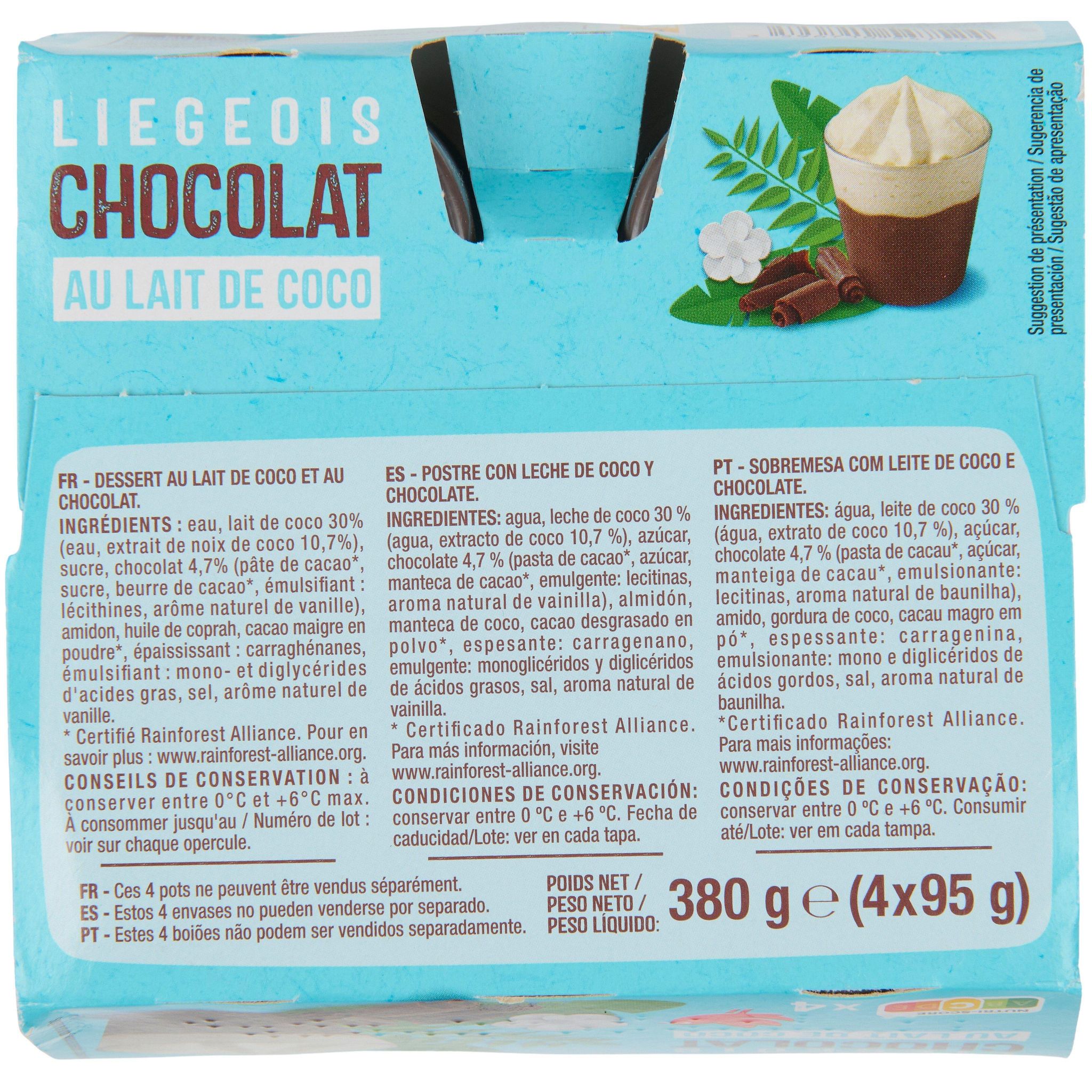 Voir la diapositive 4 : AUCHAN Liégeois au chocolat au lait de coco 4x95g