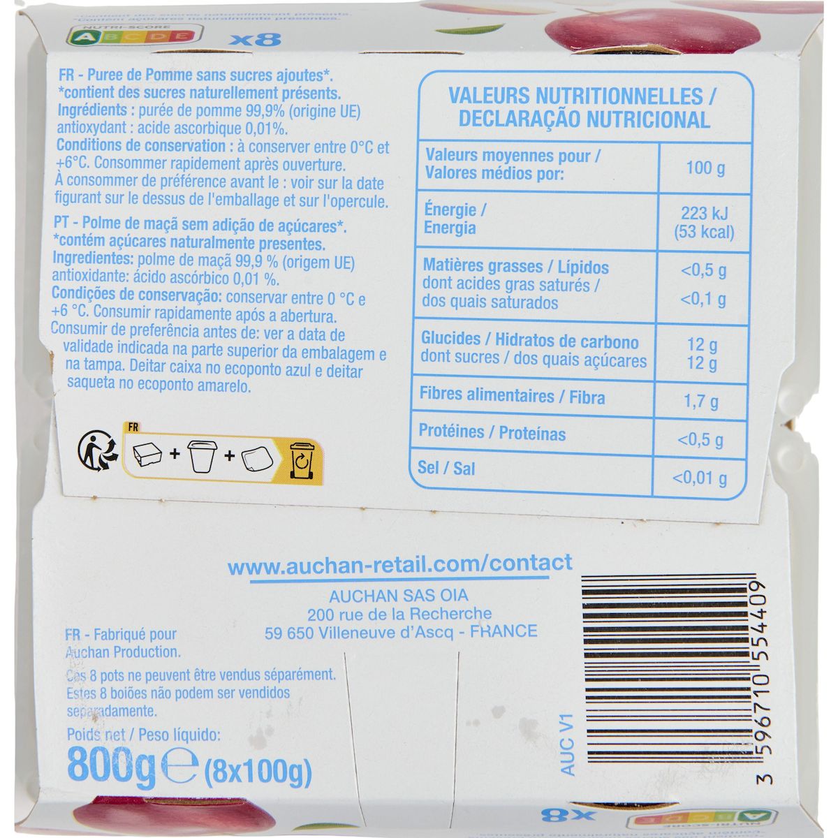 POUCE Compote pomme sans sucres ajoutés 8x100g