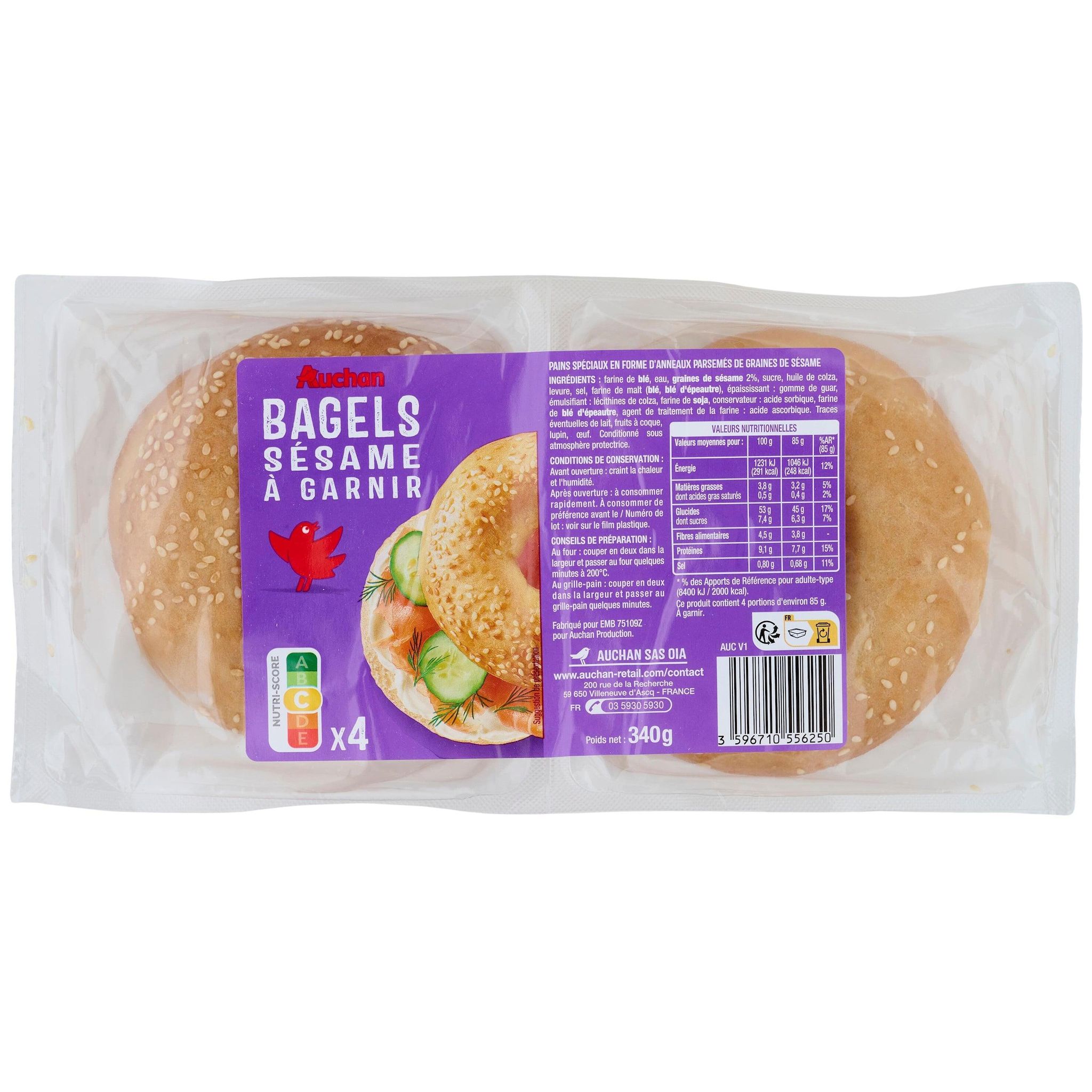 AUCHAN Bagels sésame à garnir 4 pièces 340g