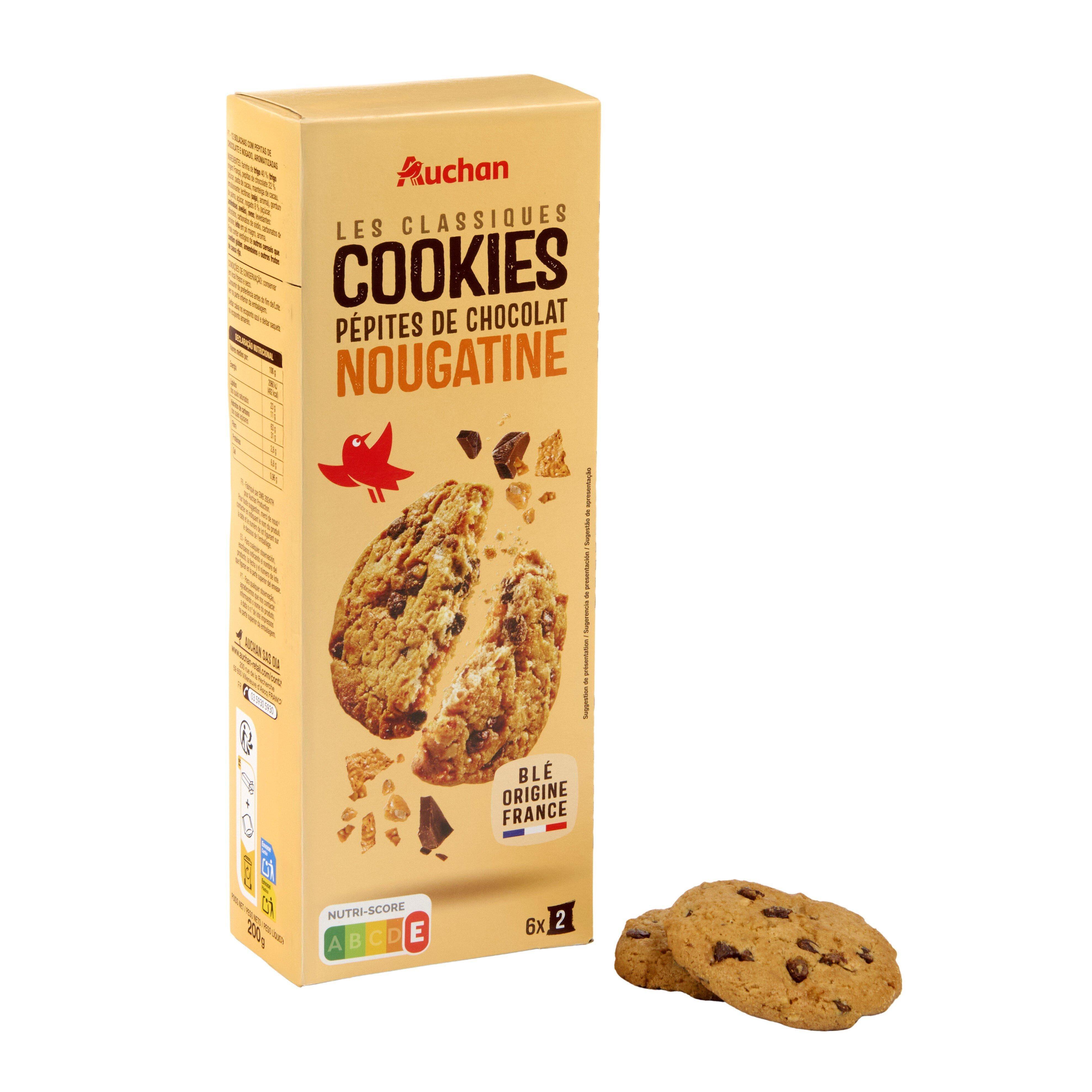 Voir la diapositive 2 : AUCHAN Cookies pépites de chocolat et nougatine 200g