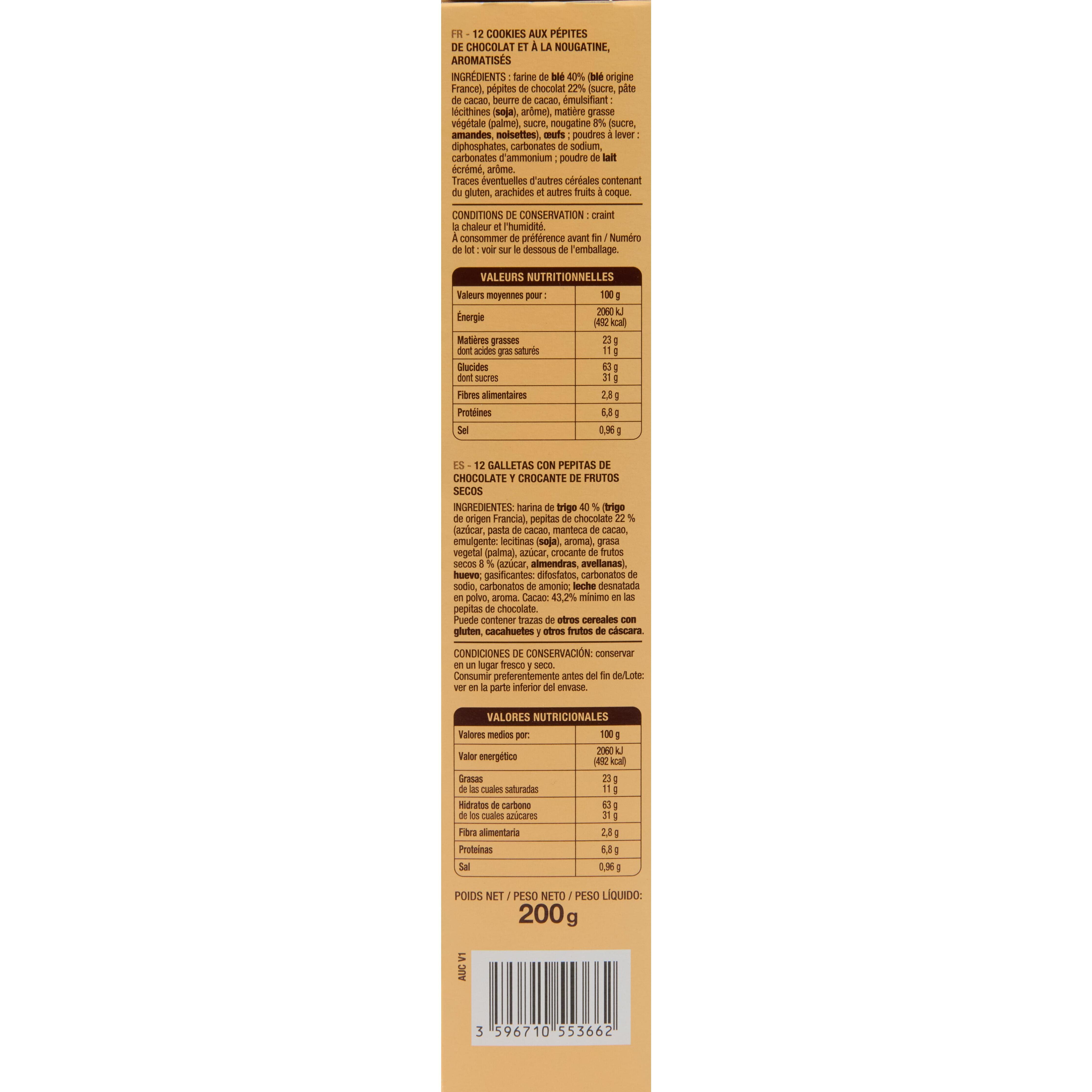 Voir la diapositive 4 : AUCHAN Cookies pépites de chocolat et nougatine 200g