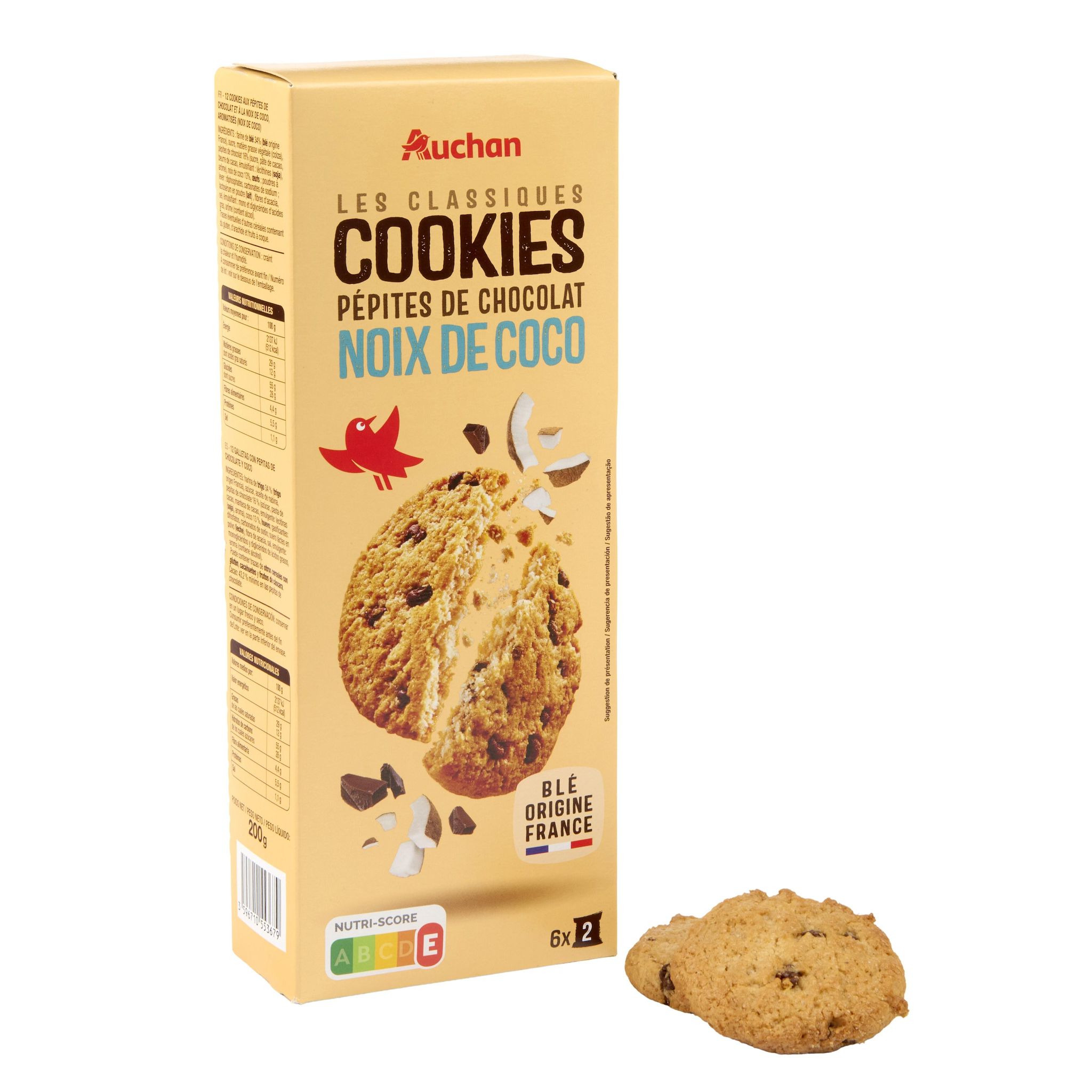 Voir la diapositive 3 : AUCHAN Cookies au chocolat avec pépites de chocolat et noix de coco 200g