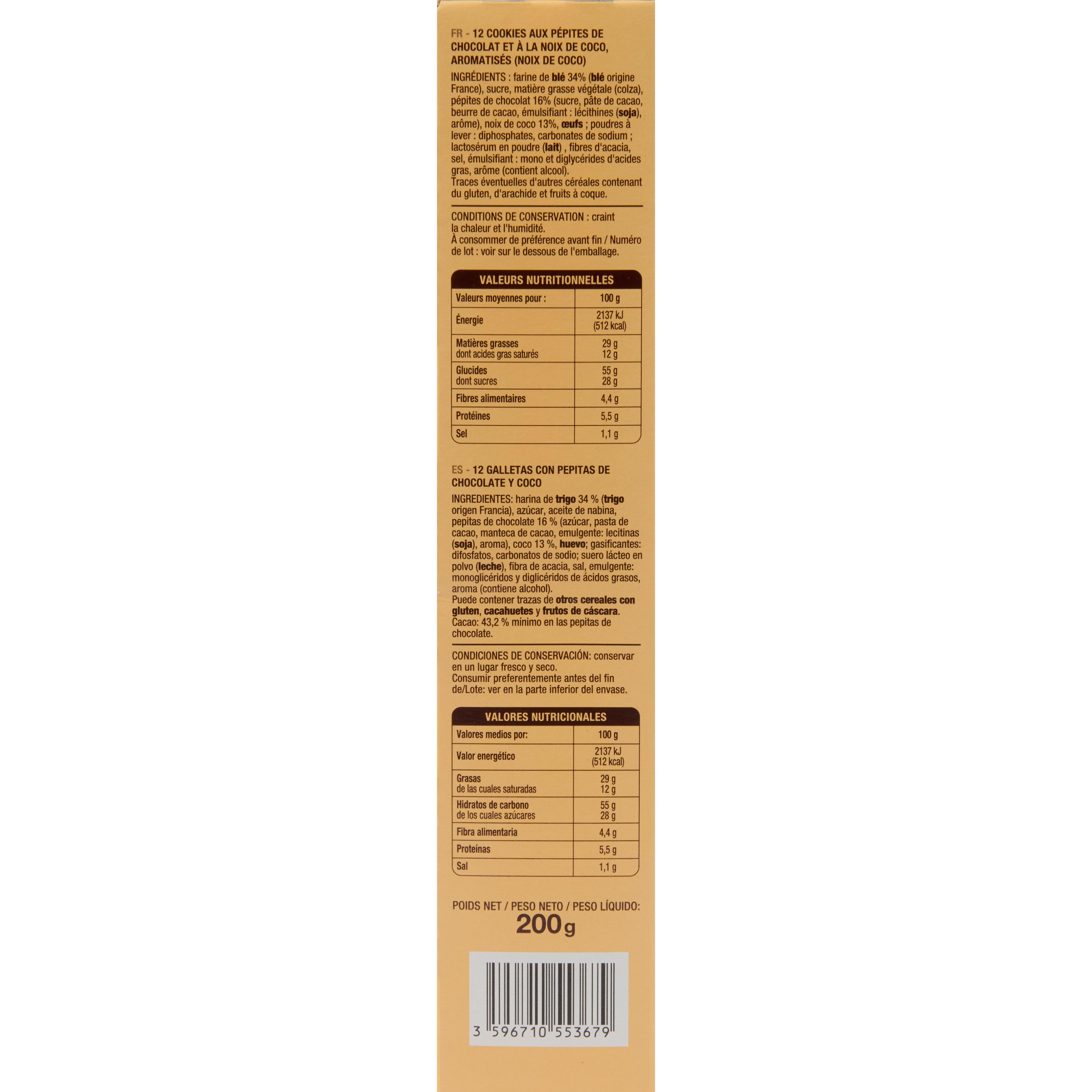 Voir la diapositive 4 : AUCHAN Cookies au chocolat avec pépites de chocolat et noix de coco 200g