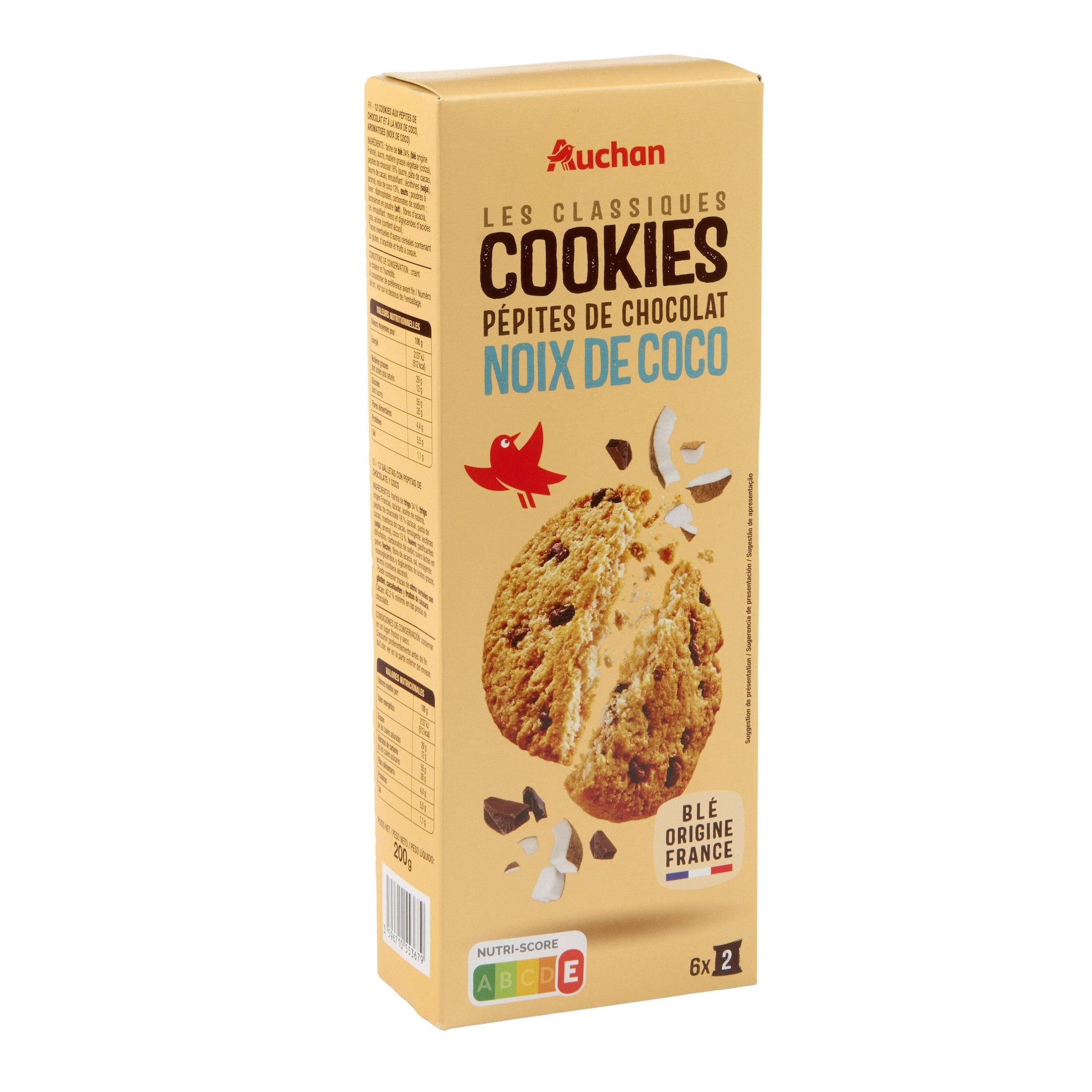 Voir la diapositive 4 : AUCHAN Cookies au chocolat avec pépites de chocolat et noix de coco 200g
