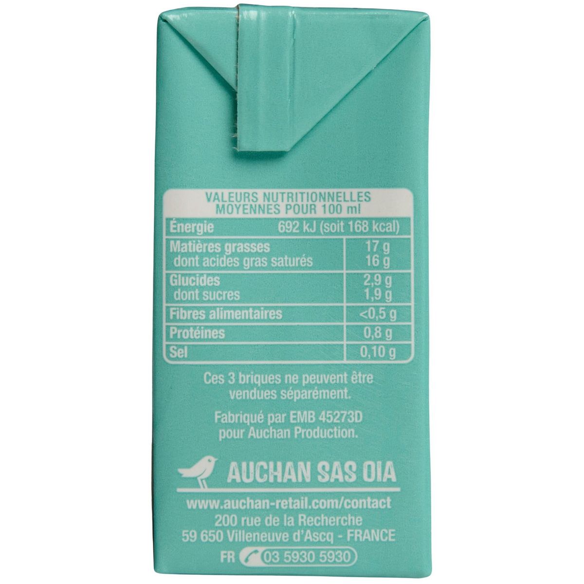 AUCHAN Coco cuisine uht 17% 3x20cl