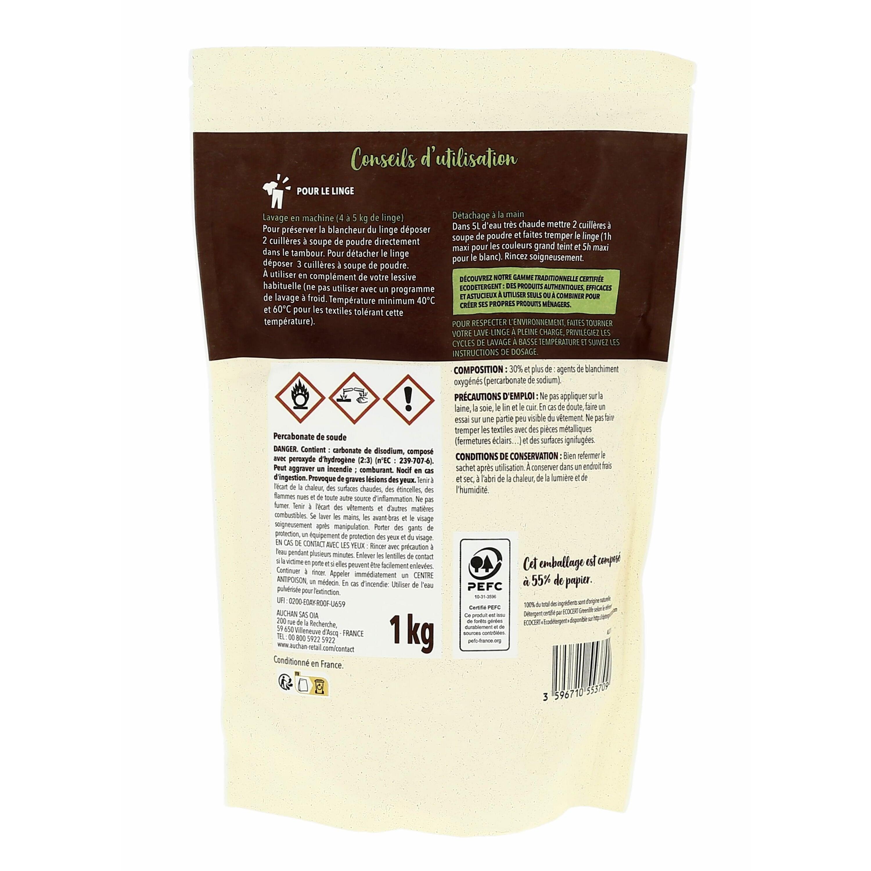 Voir la diapositive 2 : AUCHAN Détachant poudre certifié ecocert 1kg