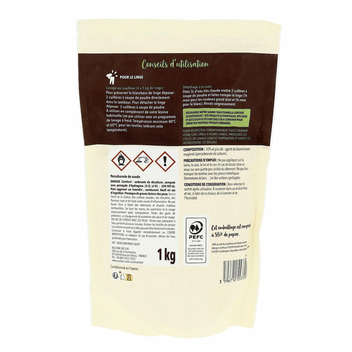 AUCHAN Détachant poudre certifié ecocert 1kg