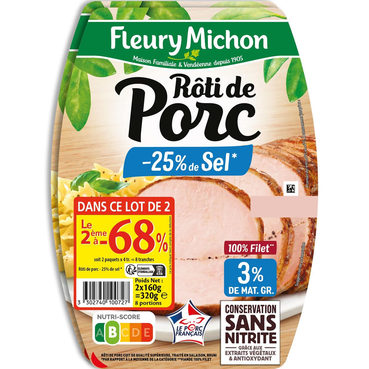 FLEURY MICHON Rôti de porc cuit supérieur sans nitrite 25% de sel 2X4 tranches le 2ème à 68% 320g