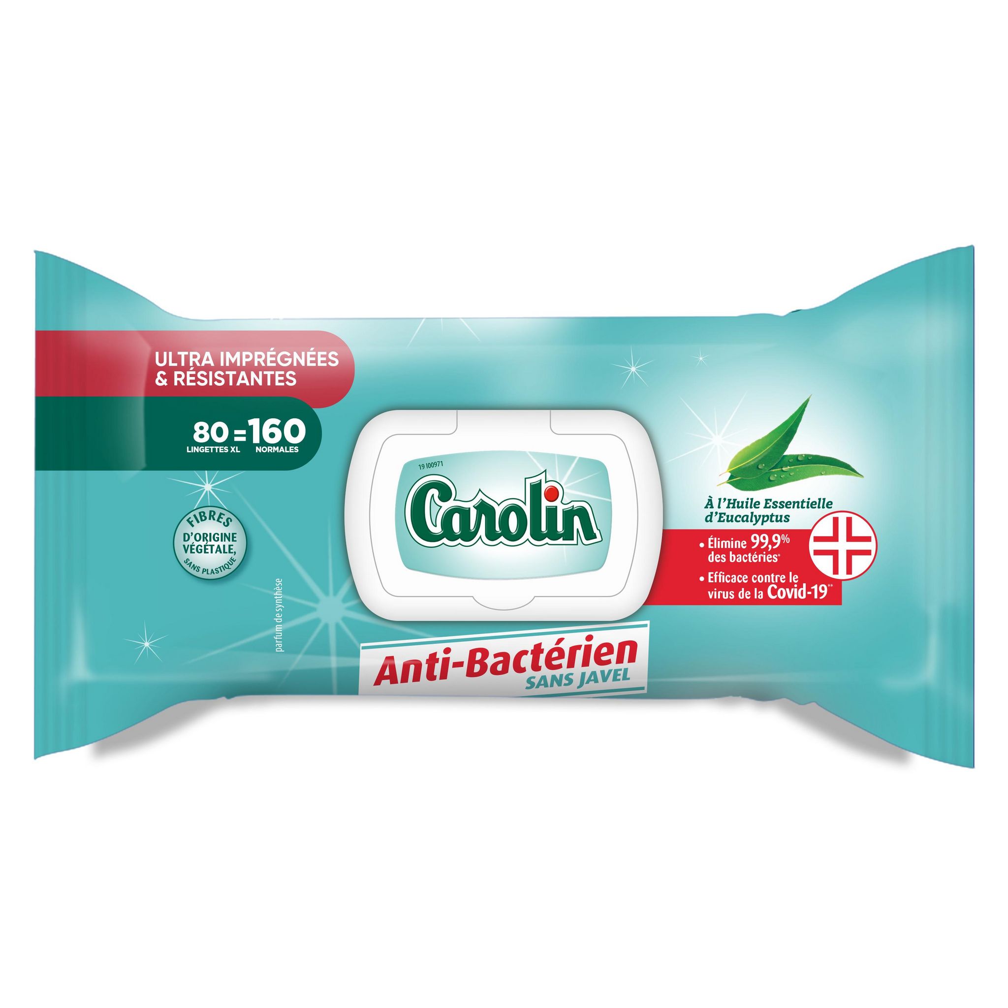 CAROLIN Lingettes multi-surfaces antibactériennes sans javel eucalyptus 80 lingettes