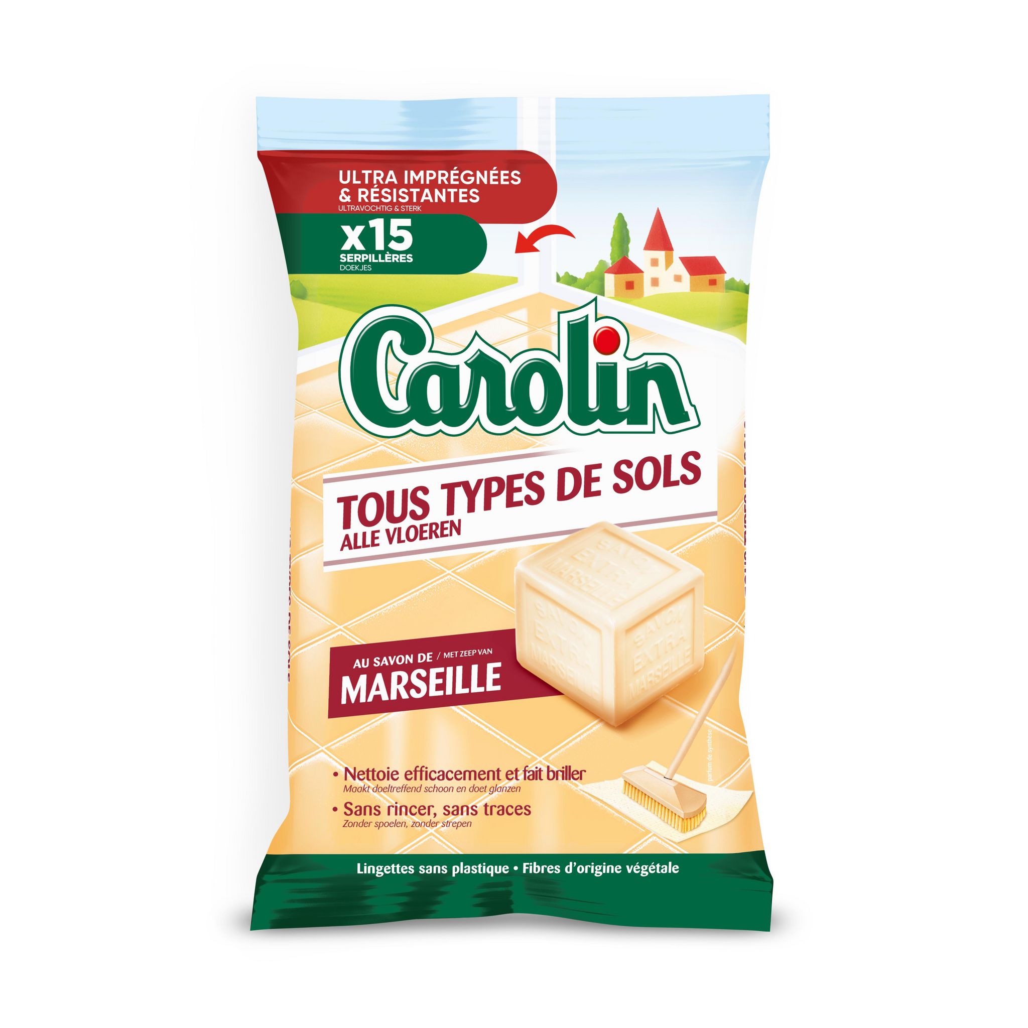 CAROLIN Lingettes résistantes savon de Marseille végétales 15 lingettes
