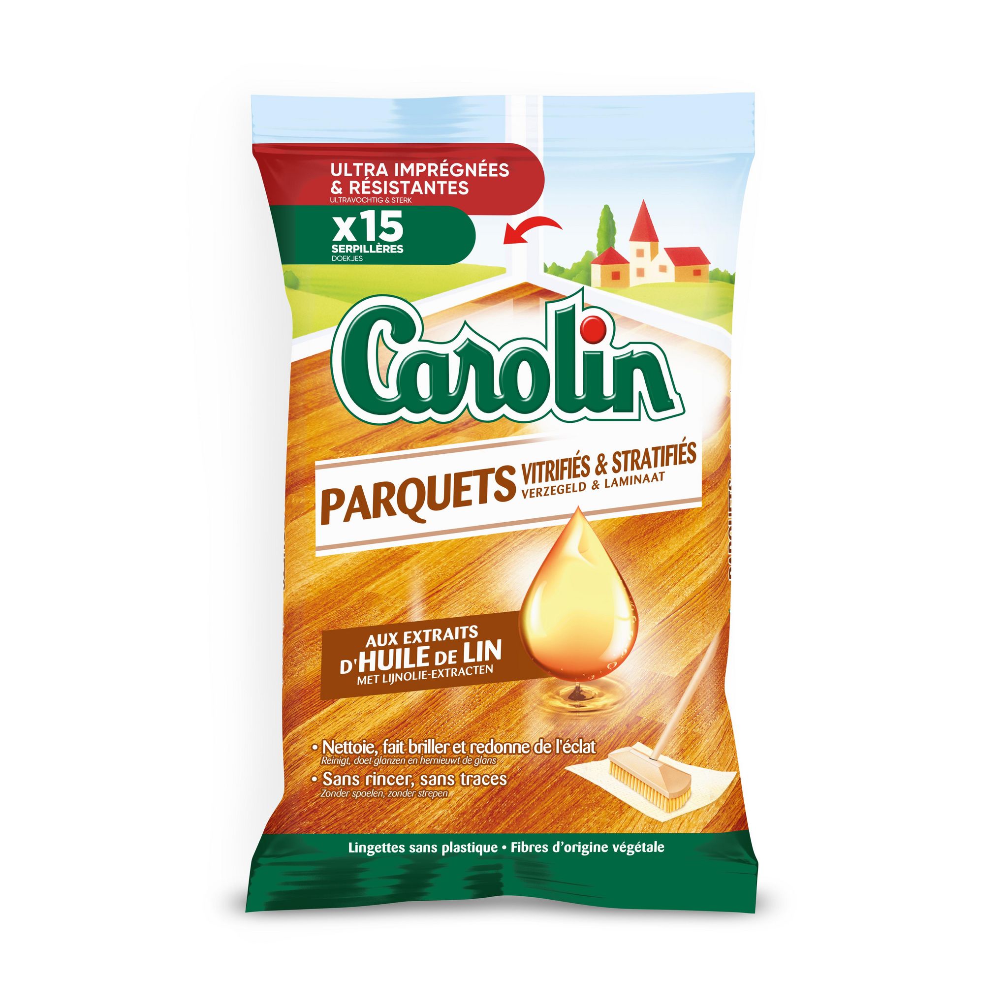 CAROLIN Lingettes parquet vérifiés et stratifiés aux extrait d'huile de lin 15 lingettes