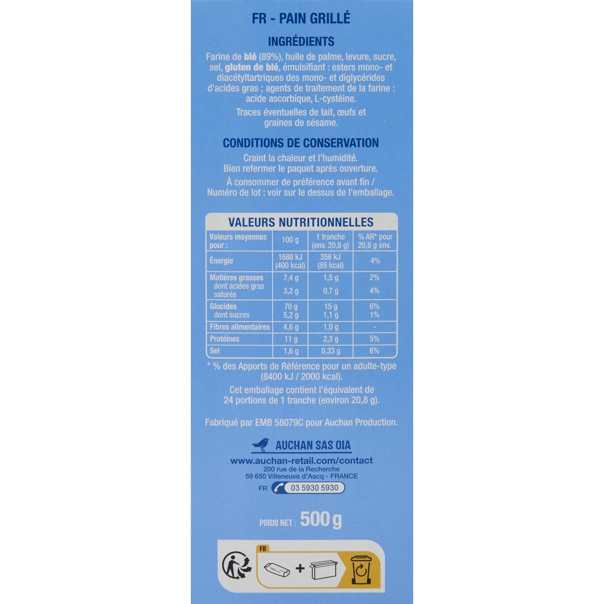 Voir la diapositive 3 : AUCHAN Pain grillé au froment 24 tranches 500g