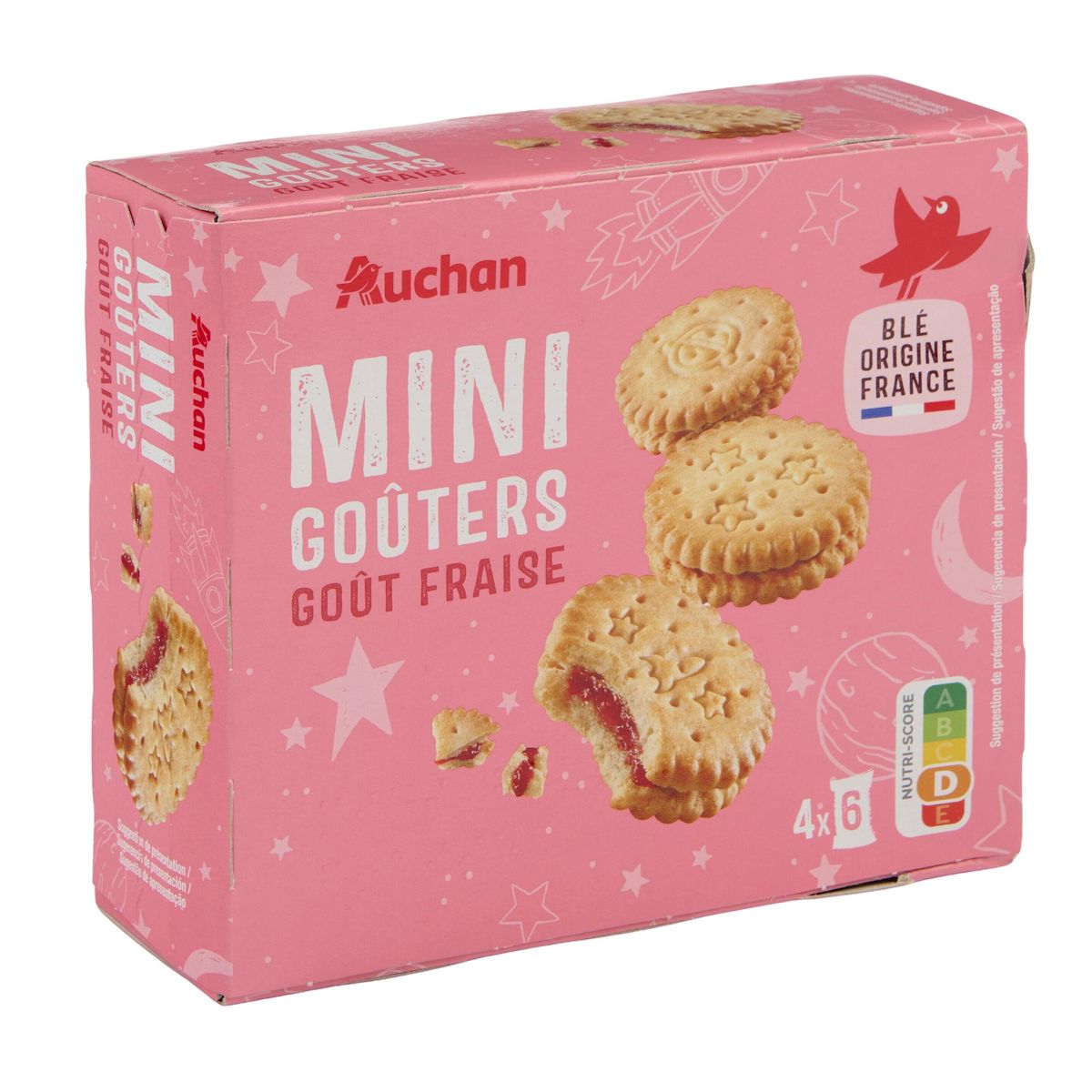 AUCHAN Biscuits mini goûters fourrés à la fraise 168g