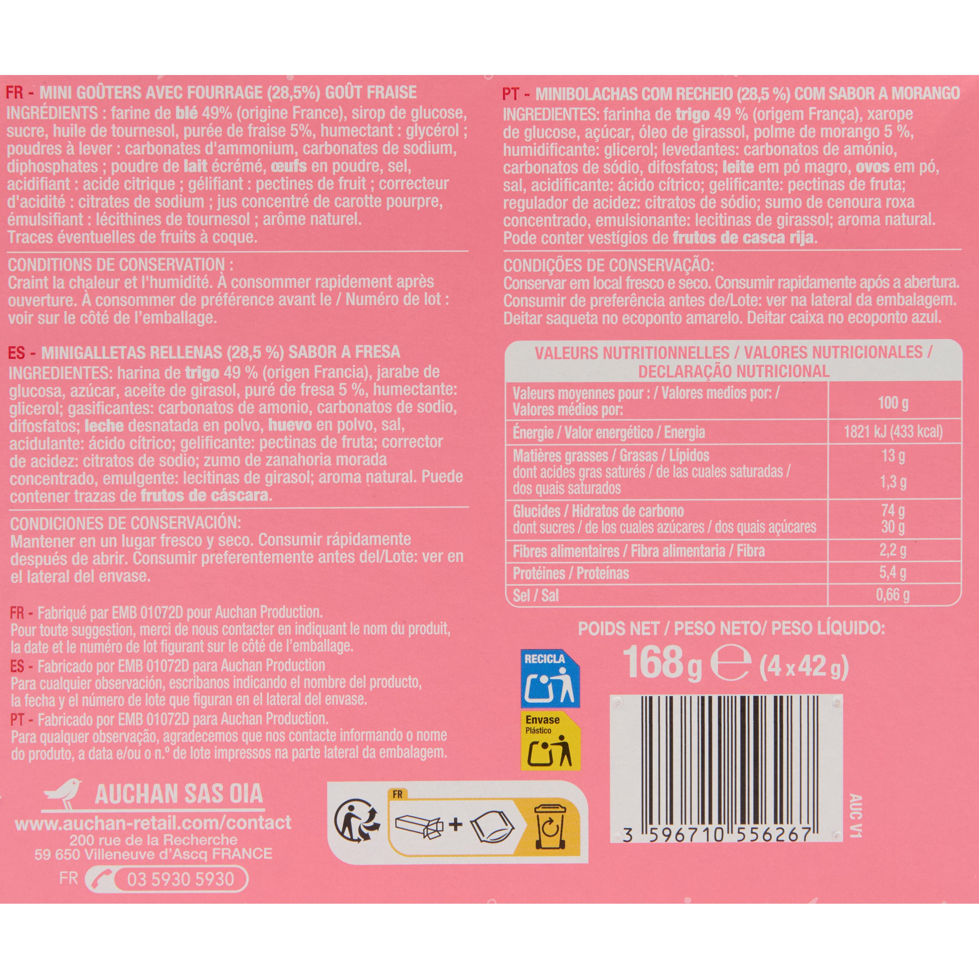 Voir la diapositive 4 : AUCHAN Biscuits mini goûters fourrés à la fraise 168g