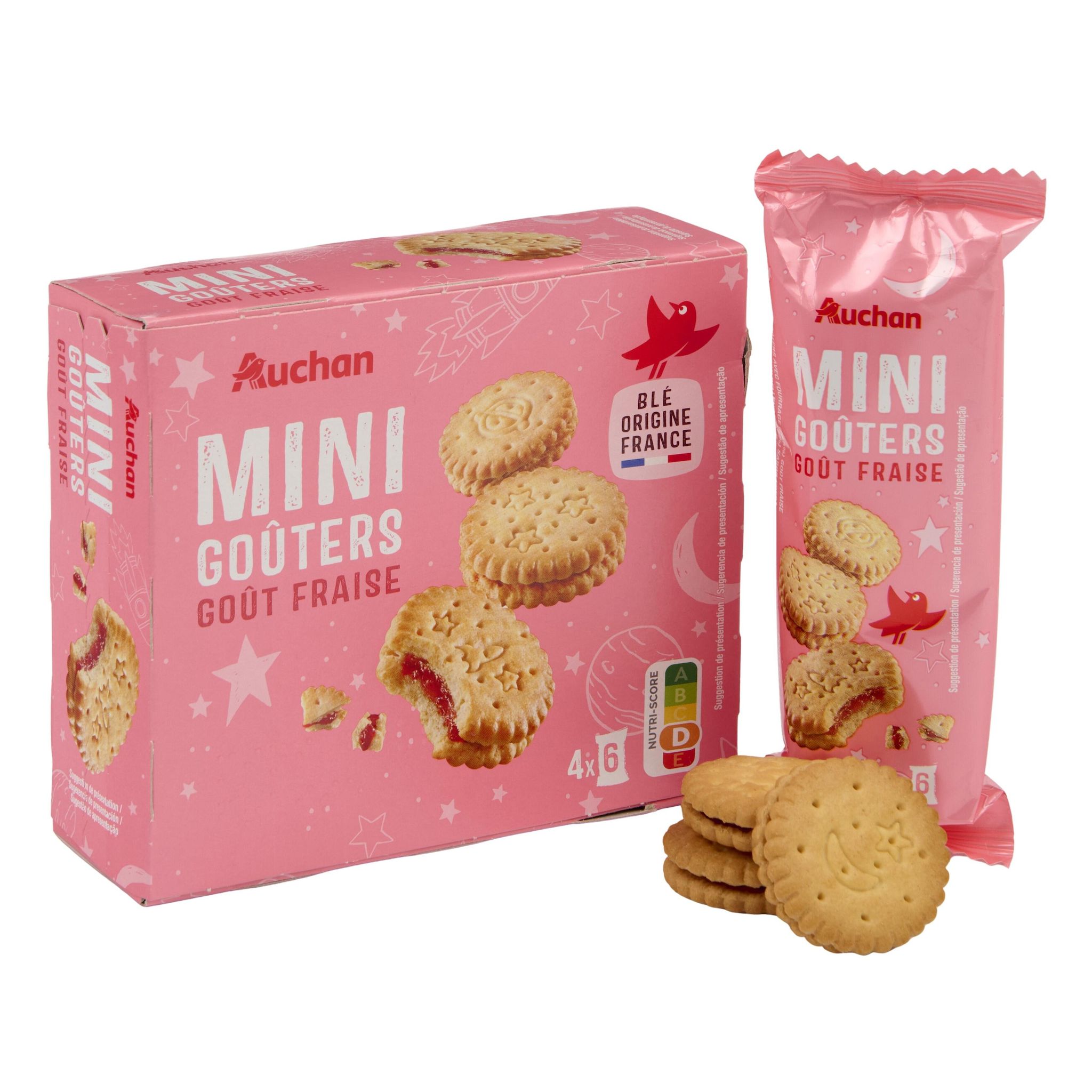 Voir la diapositive 4 : AUCHAN Biscuits mini goûters fourrés à la fraise 168g
