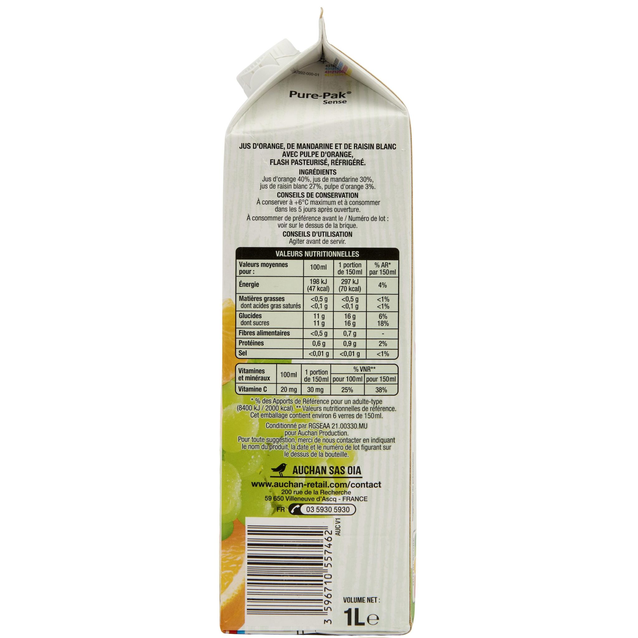 Voir la diapositive 2 : AUCHAN 100% pur jus pressé orange mandarine raisin 1l