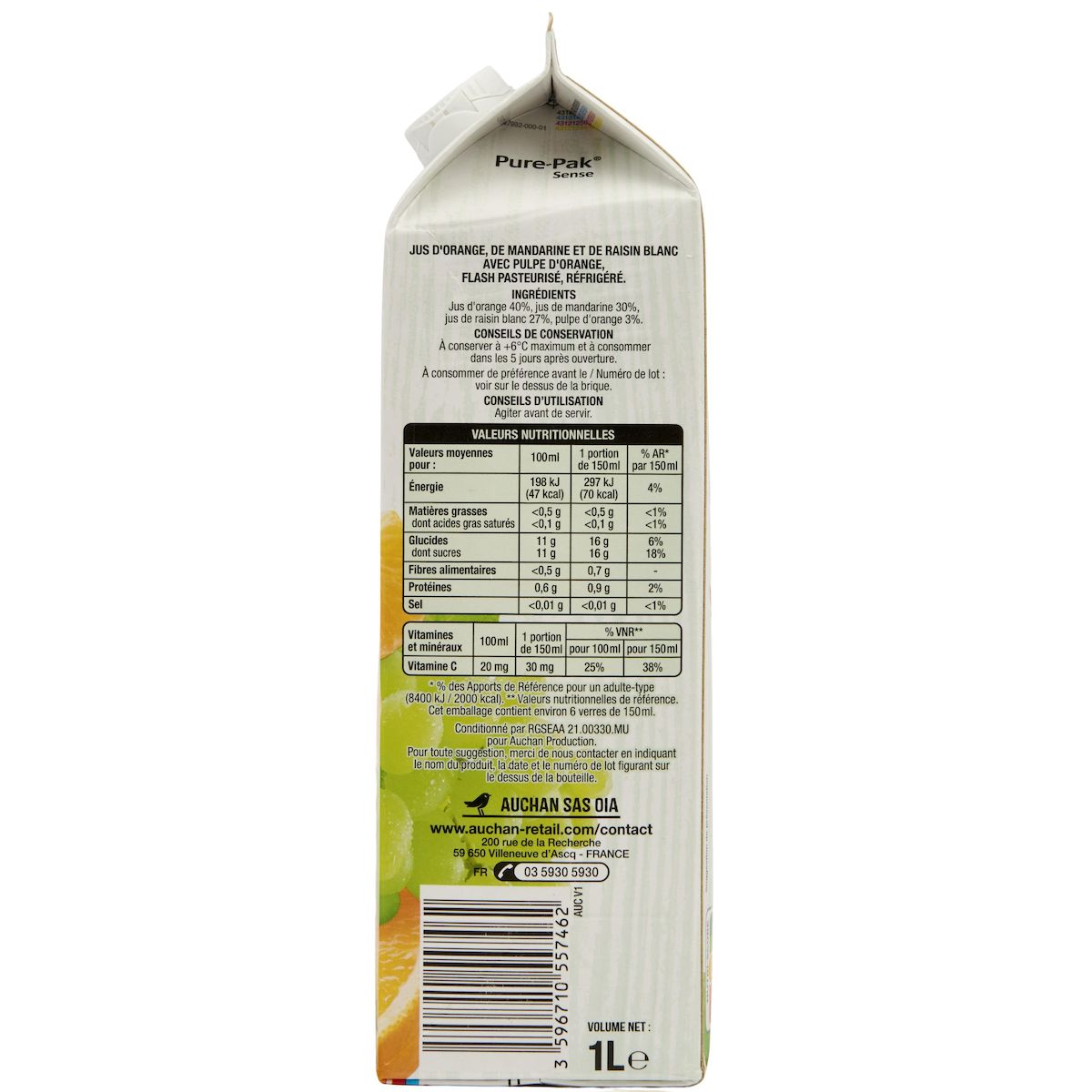 AUCHAN 100% pur jus pressé orange mandarine raisin 1l