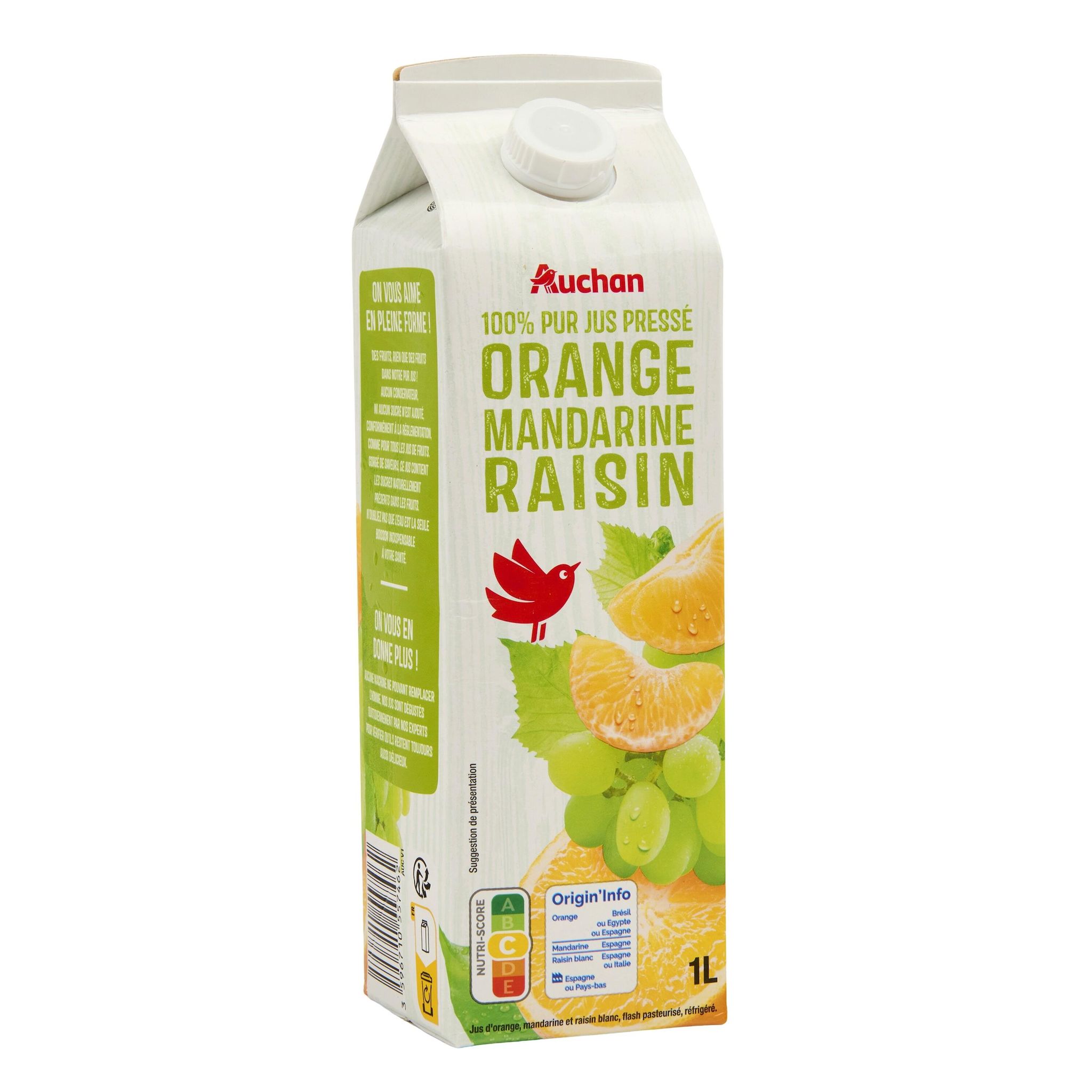 Voir la diapositive 3 : AUCHAN 100% pur jus pressé orange mandarine raisin 1l