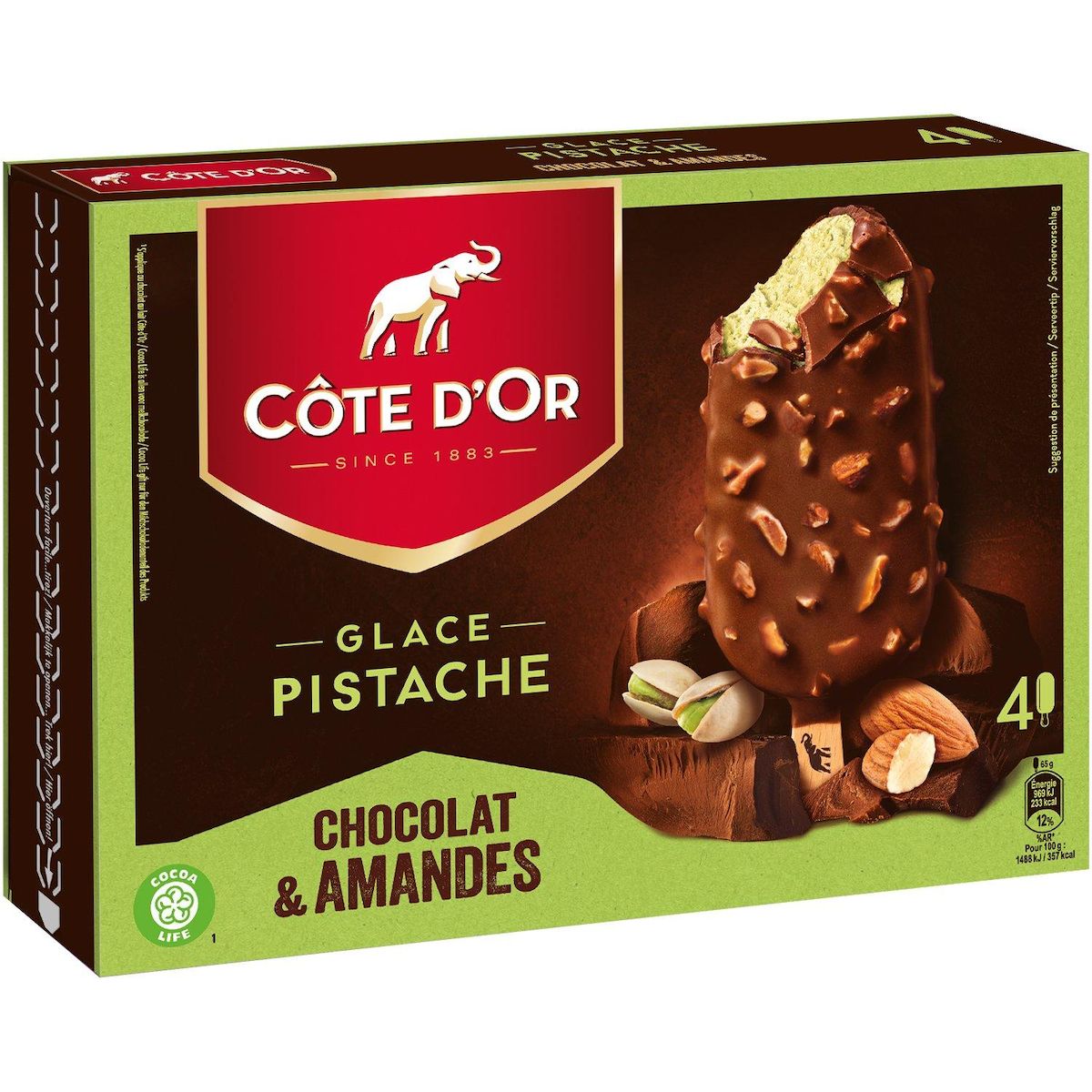 COTE D'OR Bâtonnets glacés pistache chocolat amandes 4 pièces 260g
