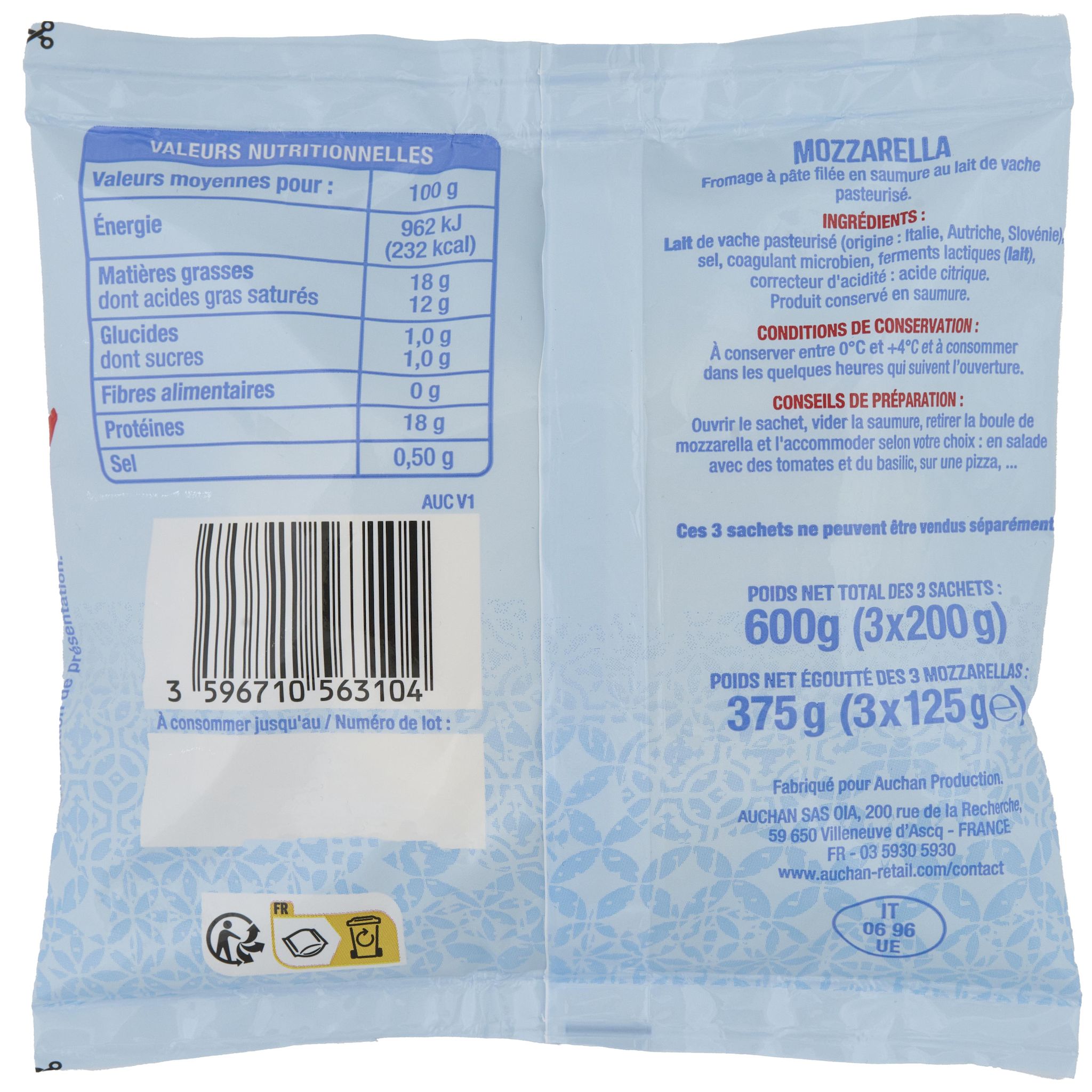 Voir la diapositive 2 : AUCHAN Mozzarella 3 pièces 375g