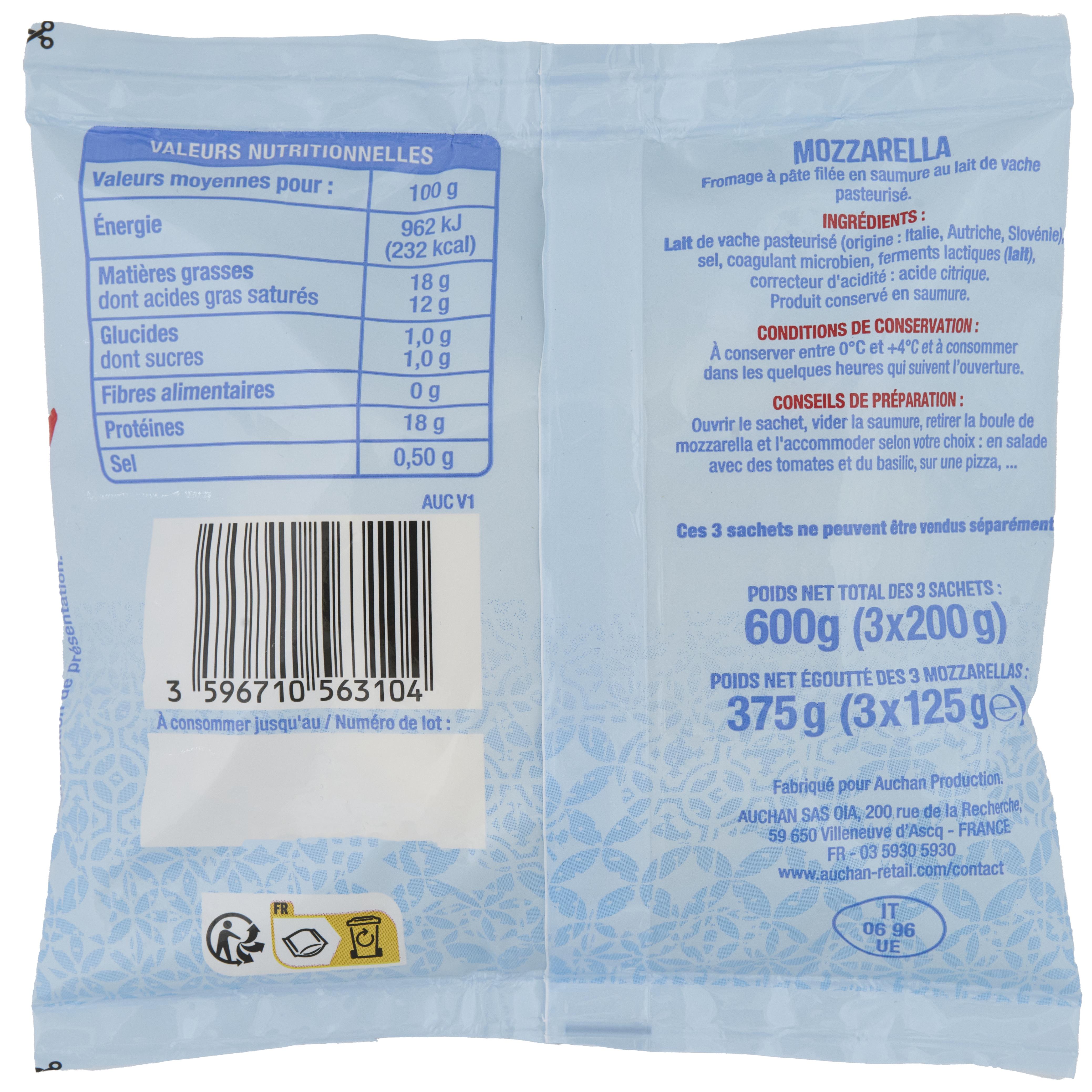 Voir la diapositive 3 : AUCHAN Mozzarella 3 pièces 375g
