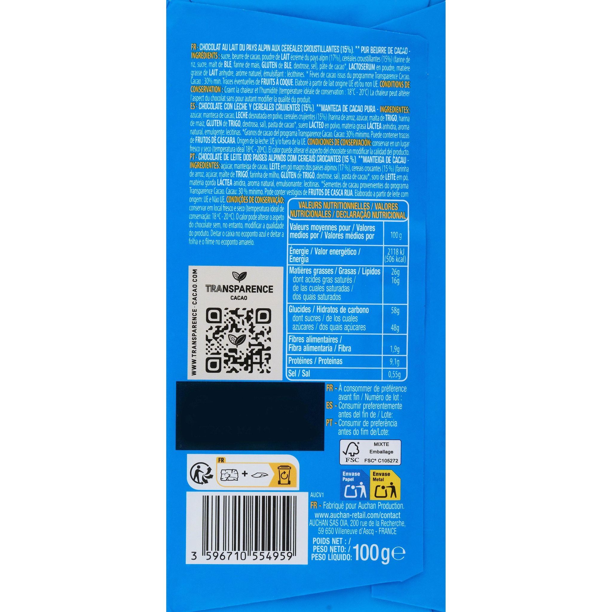 Voir la diapositive 2 : AUCHAN Tablette de chocolat au lait crousty et fun 100g