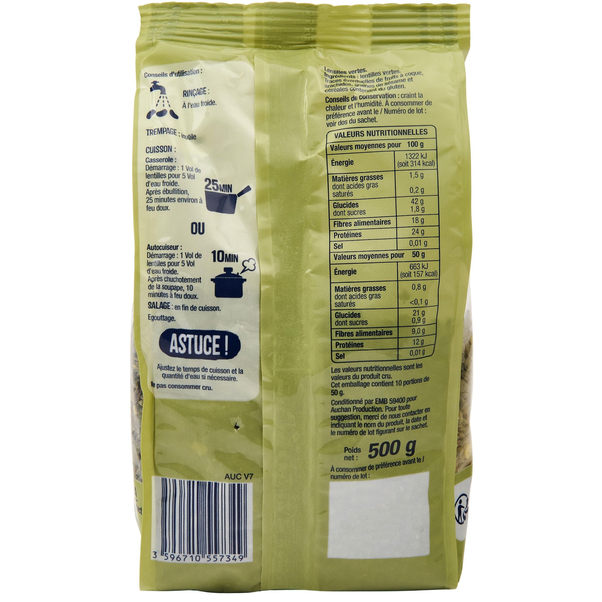 Voir la diapositive 2 : AUCHAN Lentilles vertes 500g