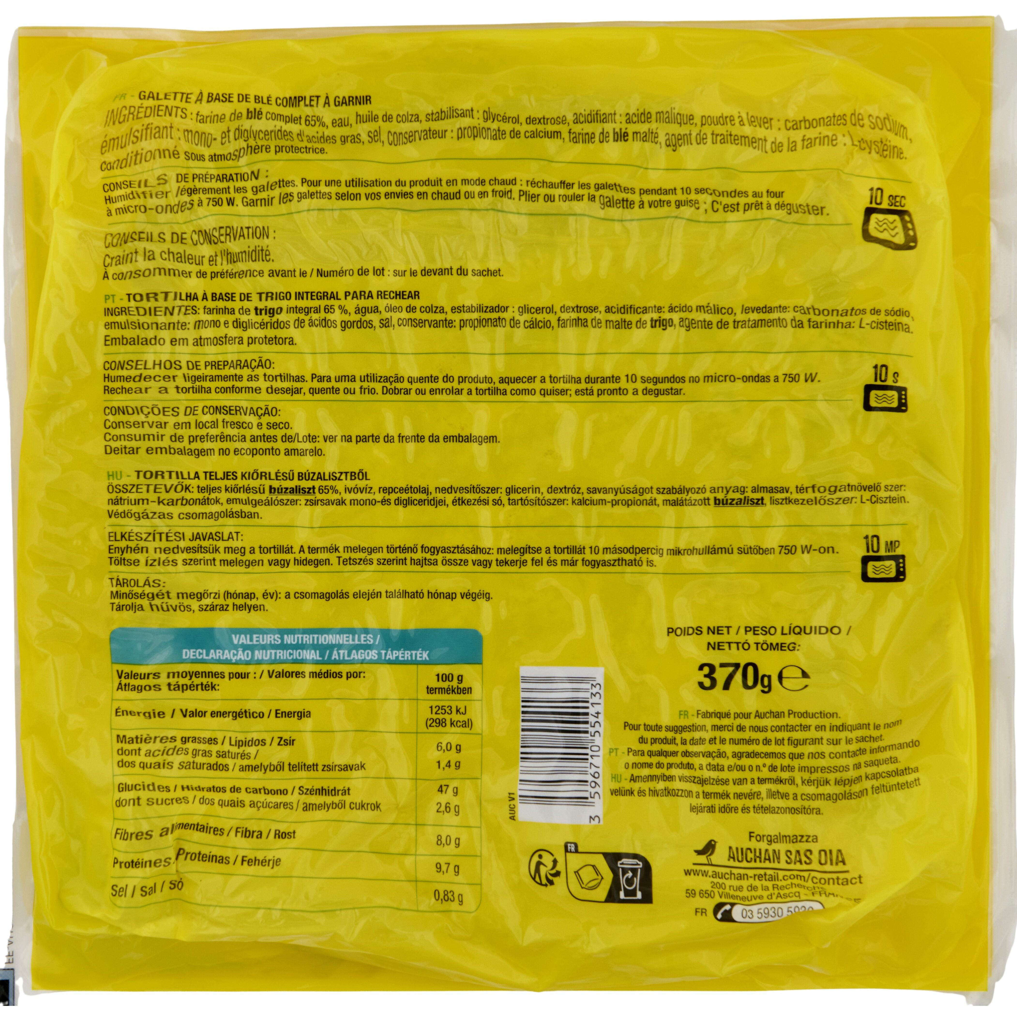 Voir la diapositive 2 : AUCHAN Wrap au blé complet x6 370g