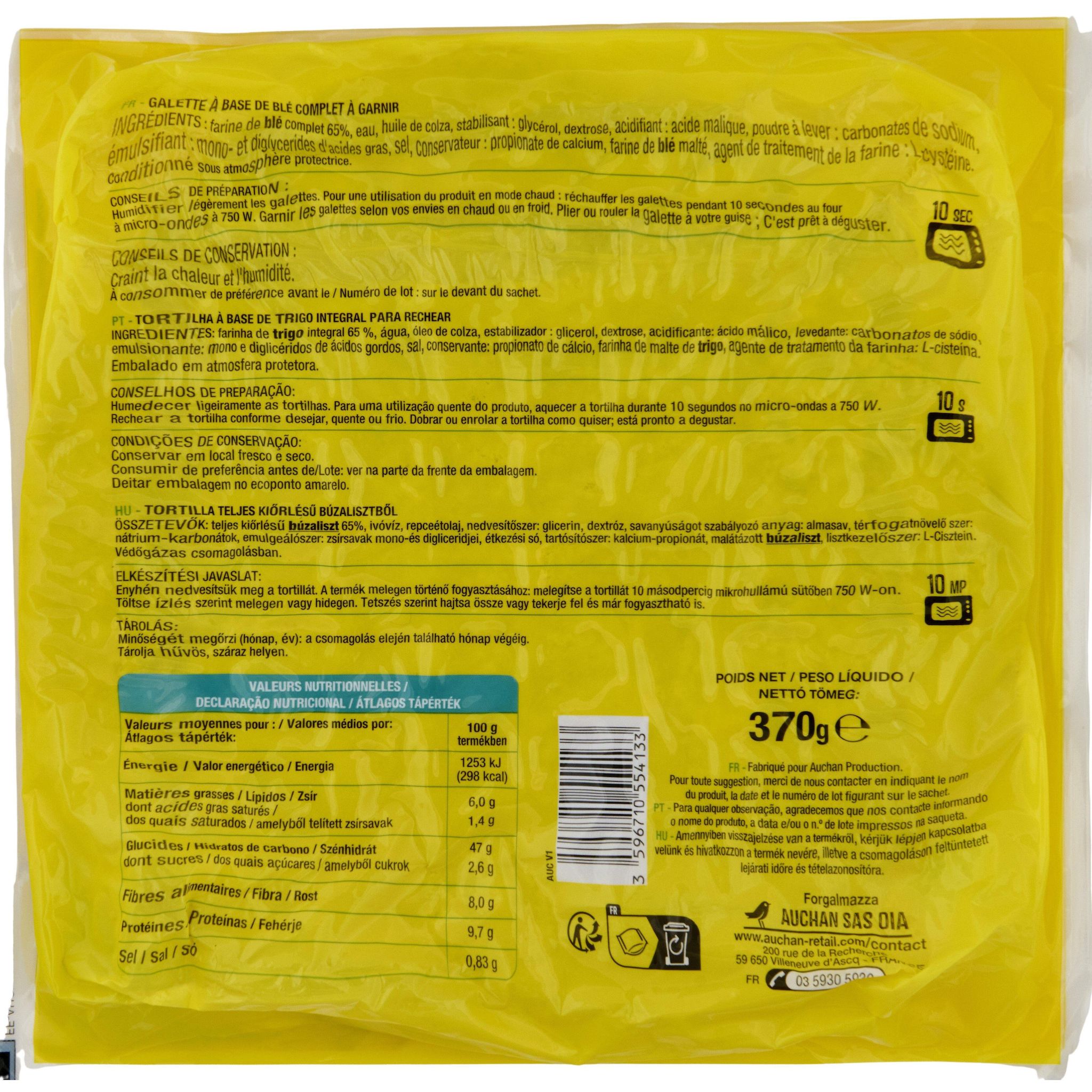 Voir la diapositive 2 : AUCHAN Wrap au blé complet x6 370g