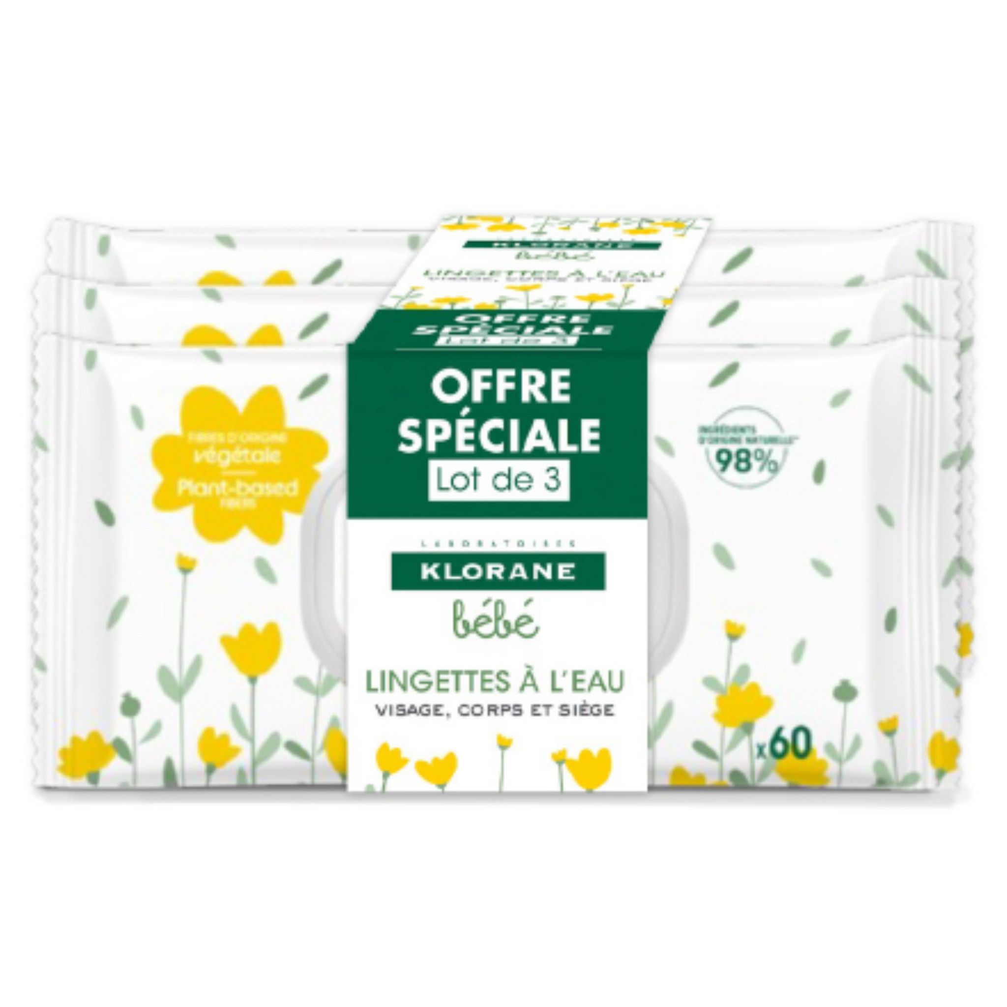 KLORANE Lingettes nettoyantes visage corps et siège pour bébé 3x60 lingettes