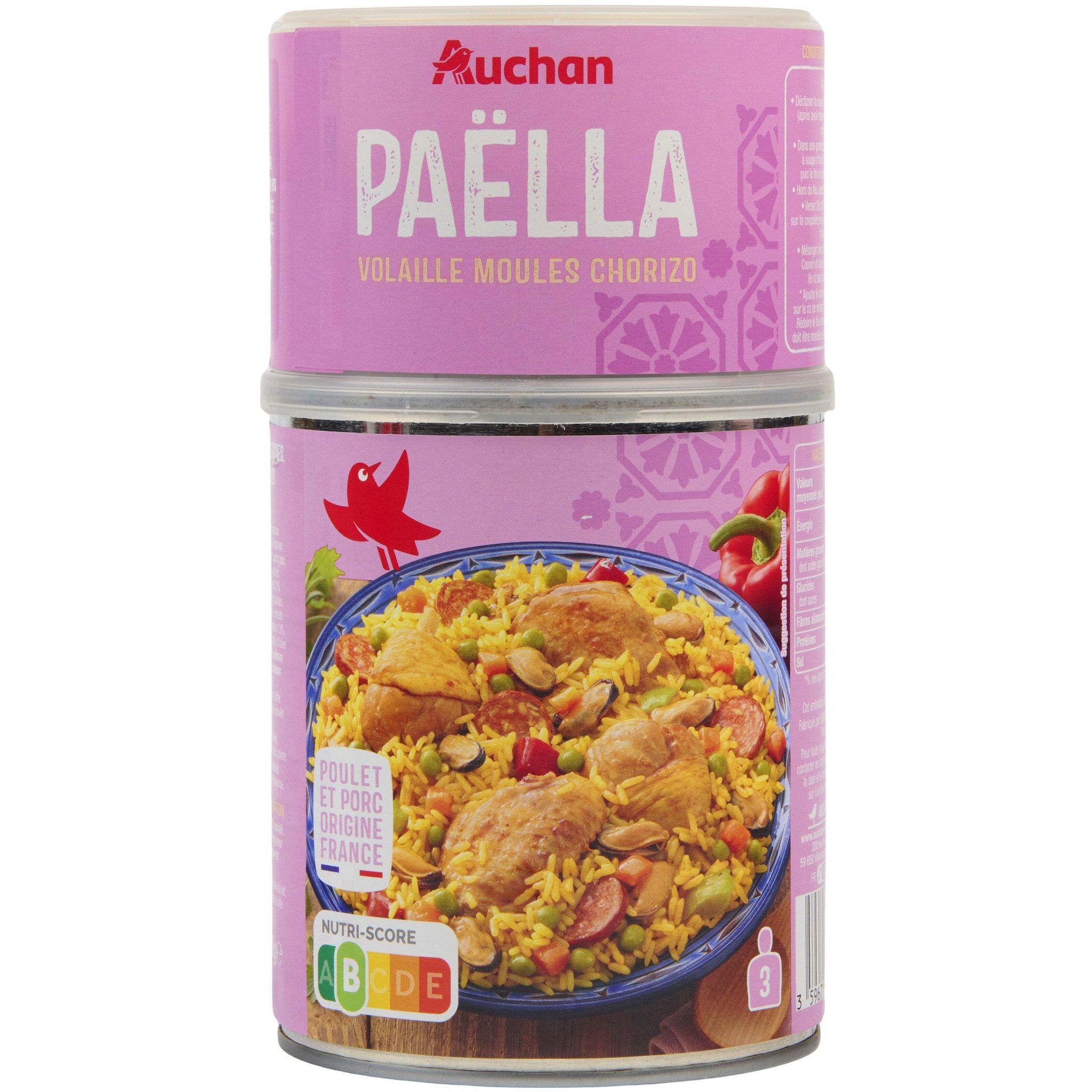 AUCHAN Paëlla avec volaille moules et chorizo 3 portions 1kg