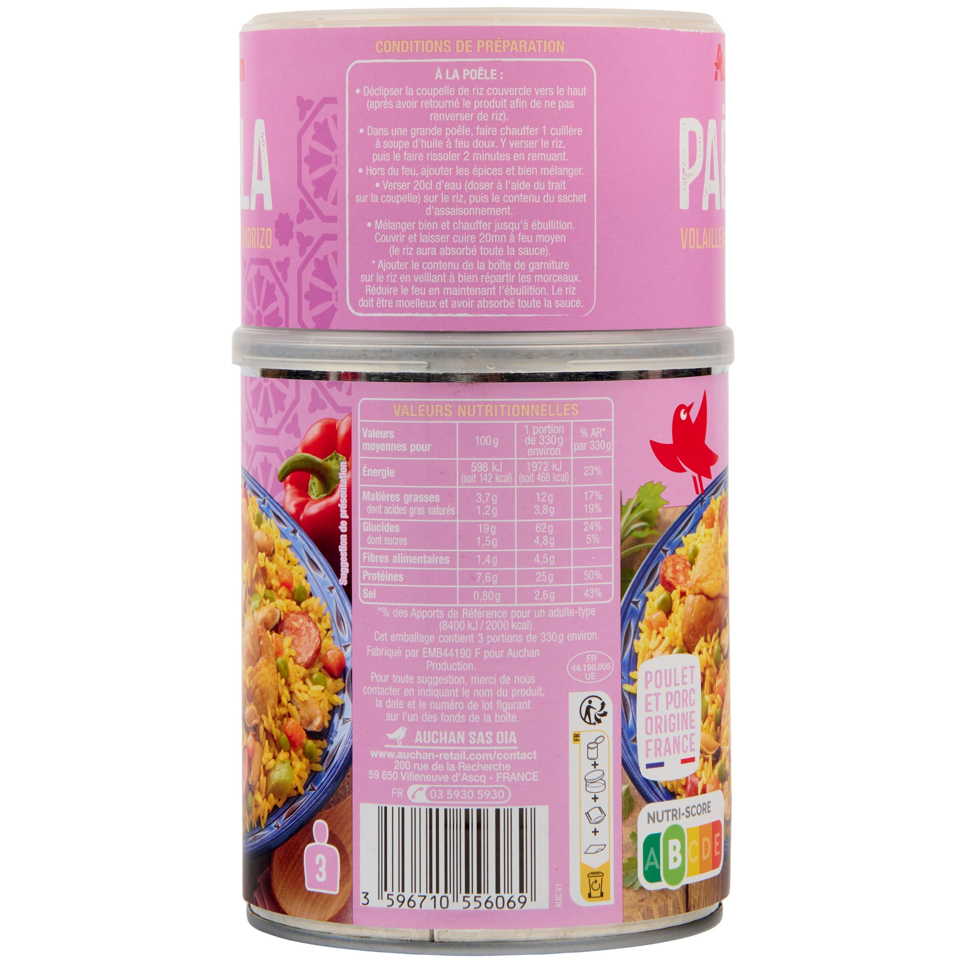 Voir la diapositive 2 : AUCHAN Paëlla avec volaille moules et chorizo 3 portions 1kg