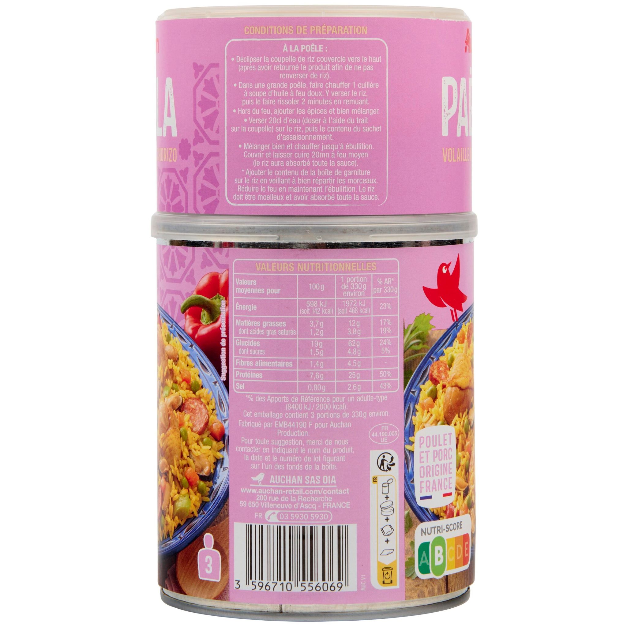 Voir la diapositive 2 : AUCHAN Paëlla avec volaille moules et chorizo 3 portions 1kg