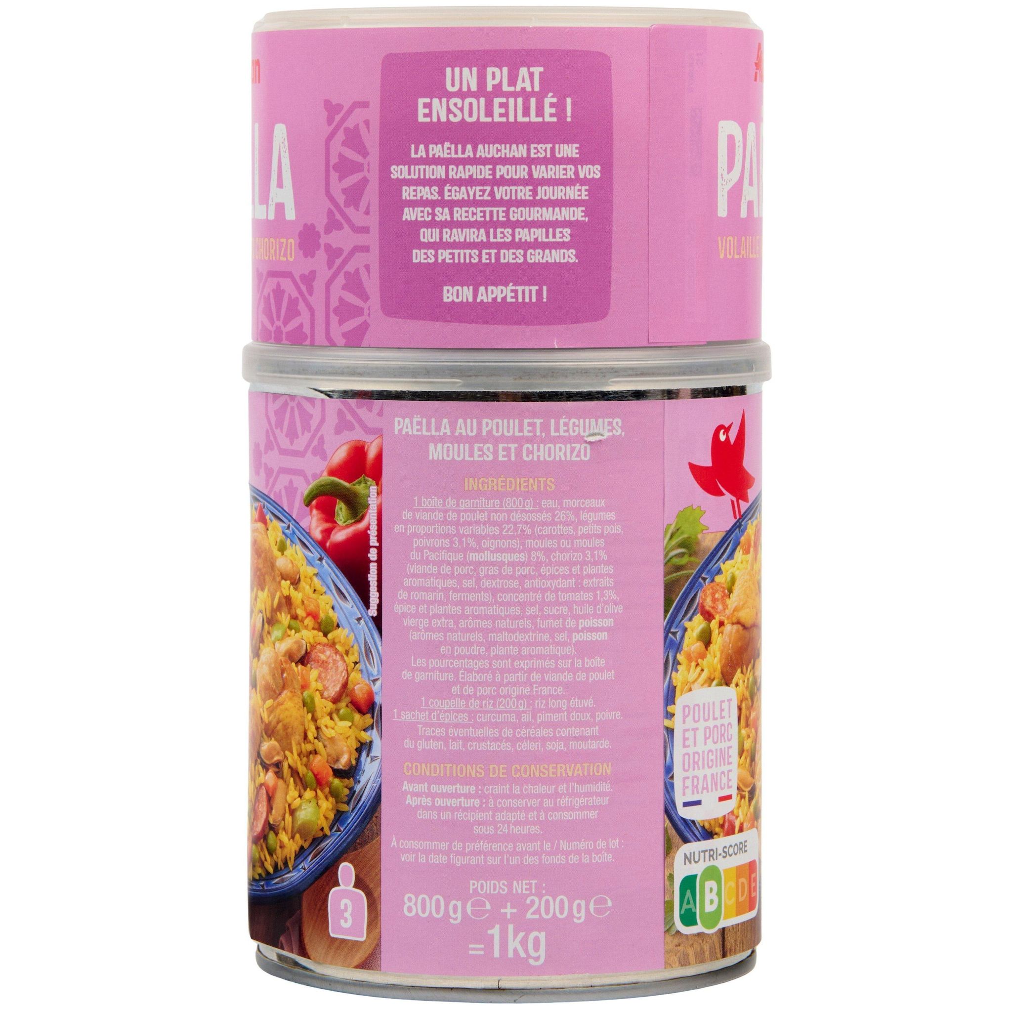 Voir la diapositive 3 : AUCHAN Paëlla avec volaille moules et chorizo 3 portions 1kg