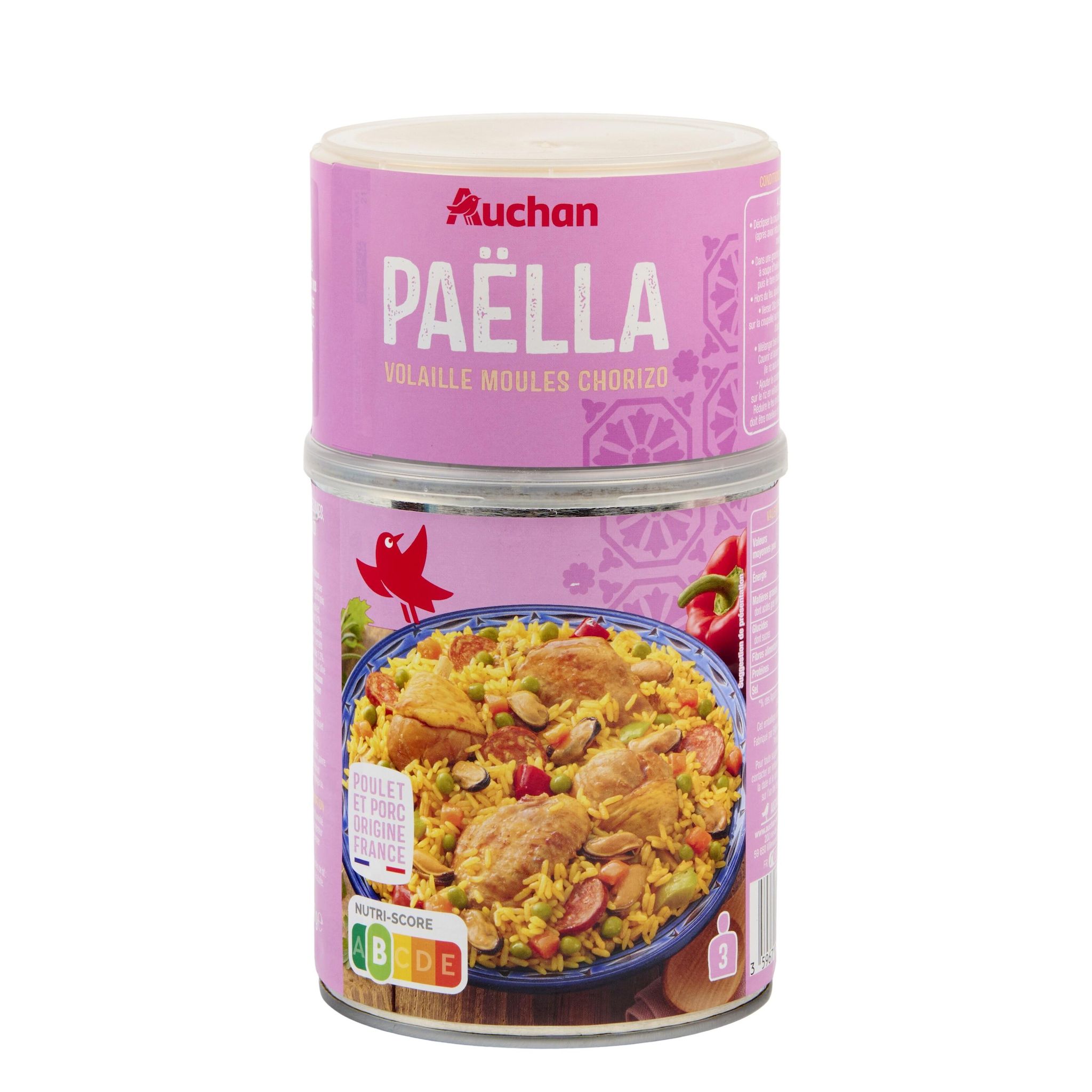 Voir la diapositive 4 : AUCHAN Paëlla avec volaille moules et chorizo 3 portions 1kg
