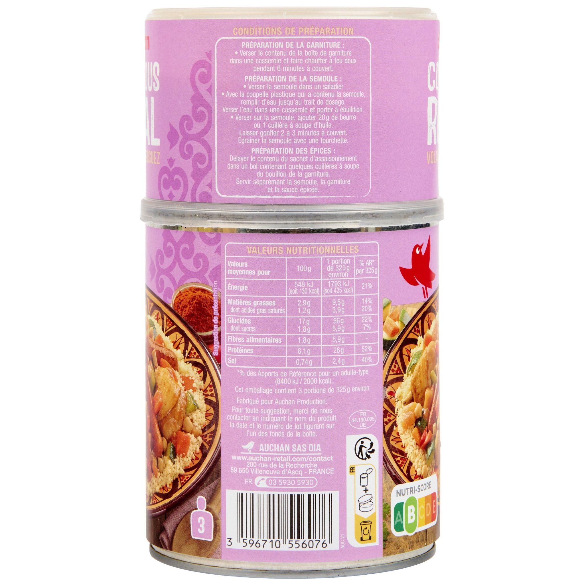 Voir la diapositive 2 : AUCHAN Couscous royal volaille et merguez 3 portions 980g