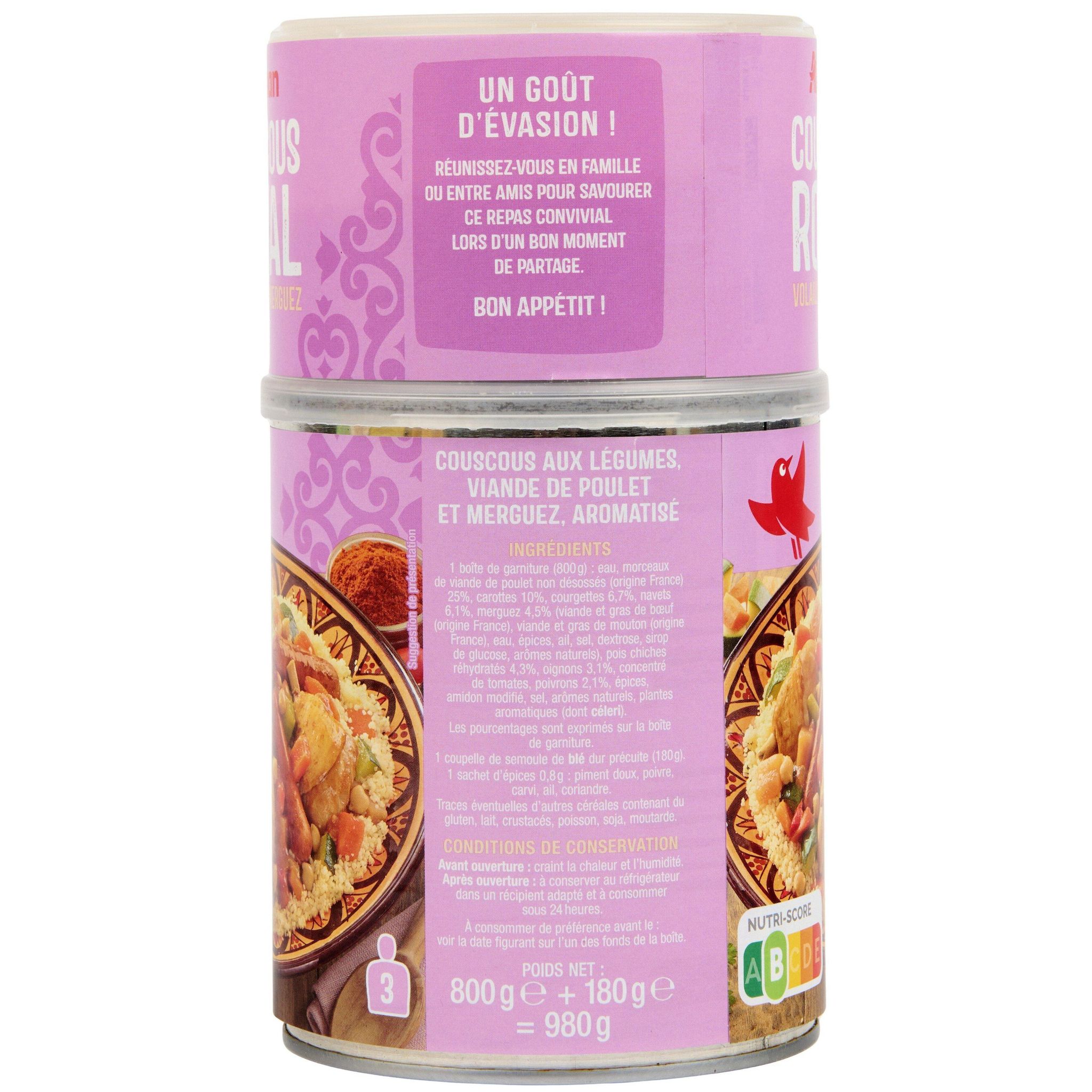 Voir la diapositive 3 : AUCHAN Couscous royal volaille et merguez 3 portions 980g