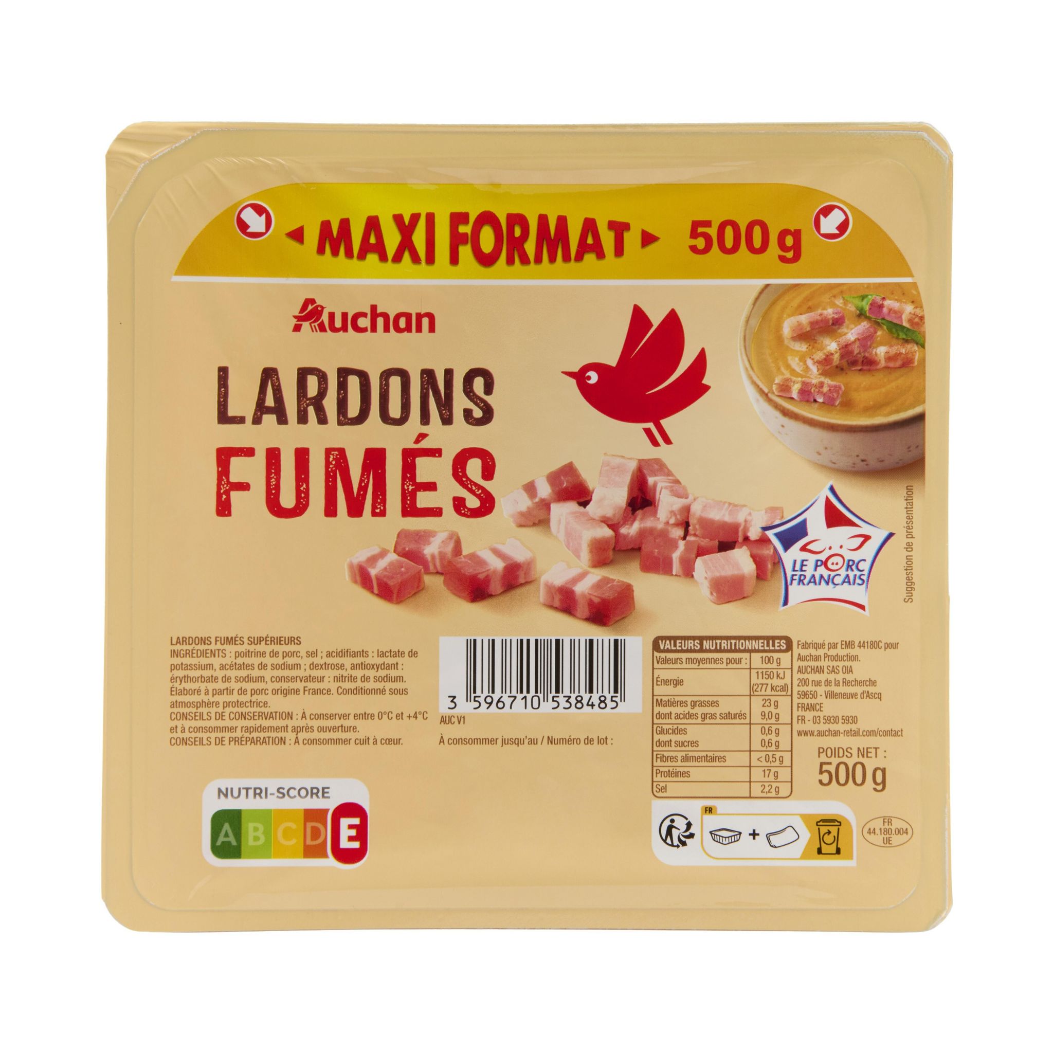 Voir la diapositive 2 : AUCHAN Lardons fumés 500g