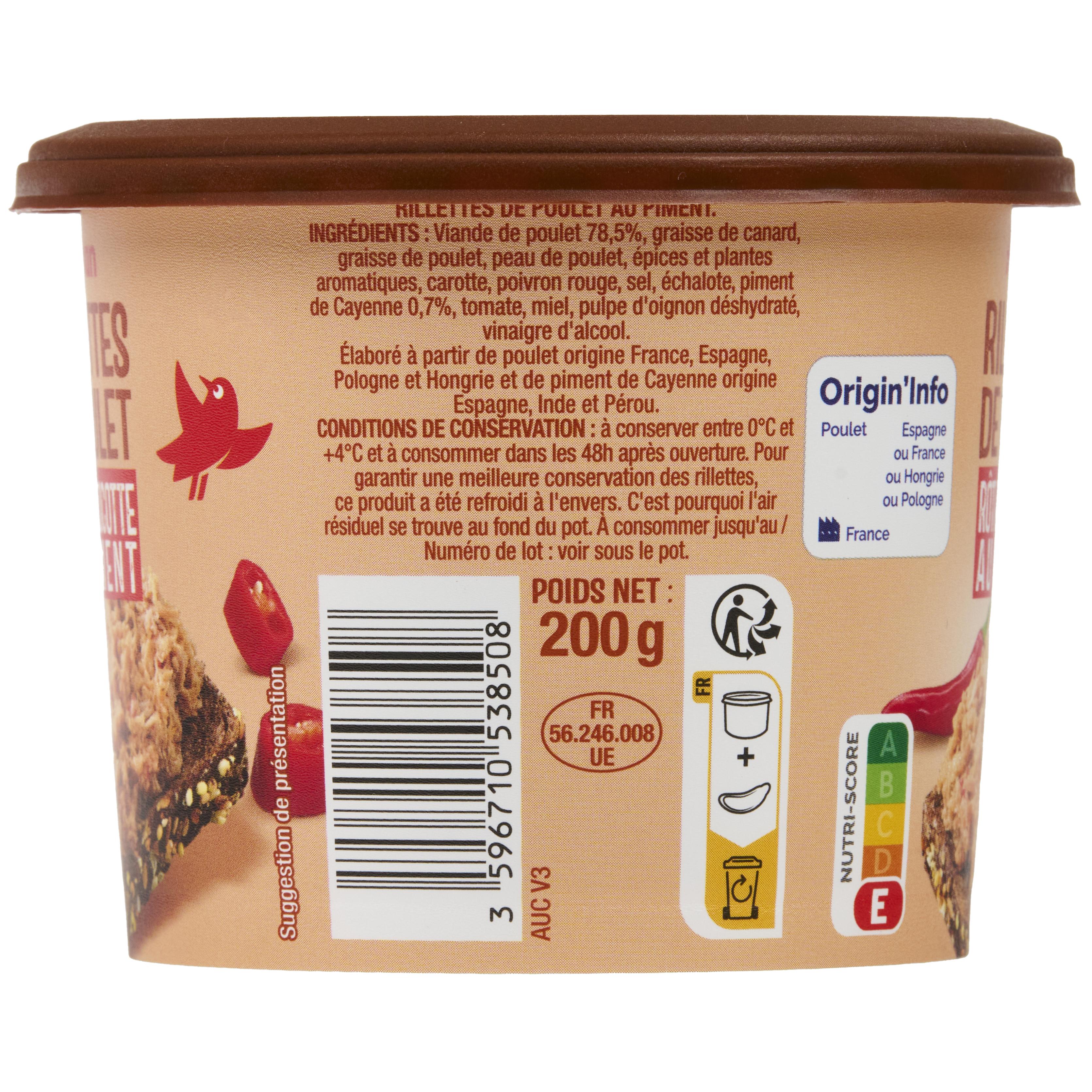 Voir la diapositive 2 : AUCHAN Rillettes de poulet rôti en cocotte au piment 200g
