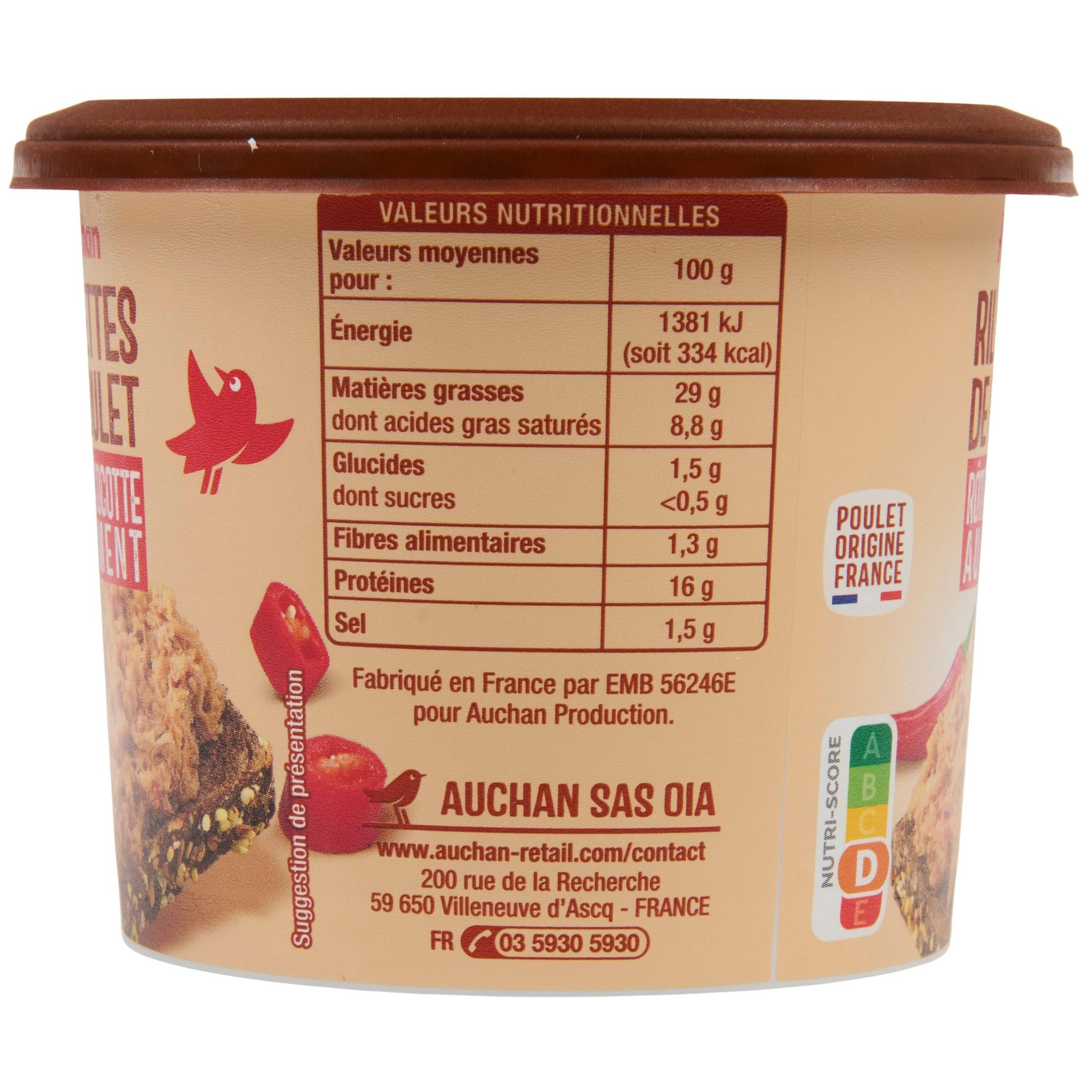 Voir la diapositive 2 : AUCHAN Rillettes de poulet rôti en cocotte au piment 200g