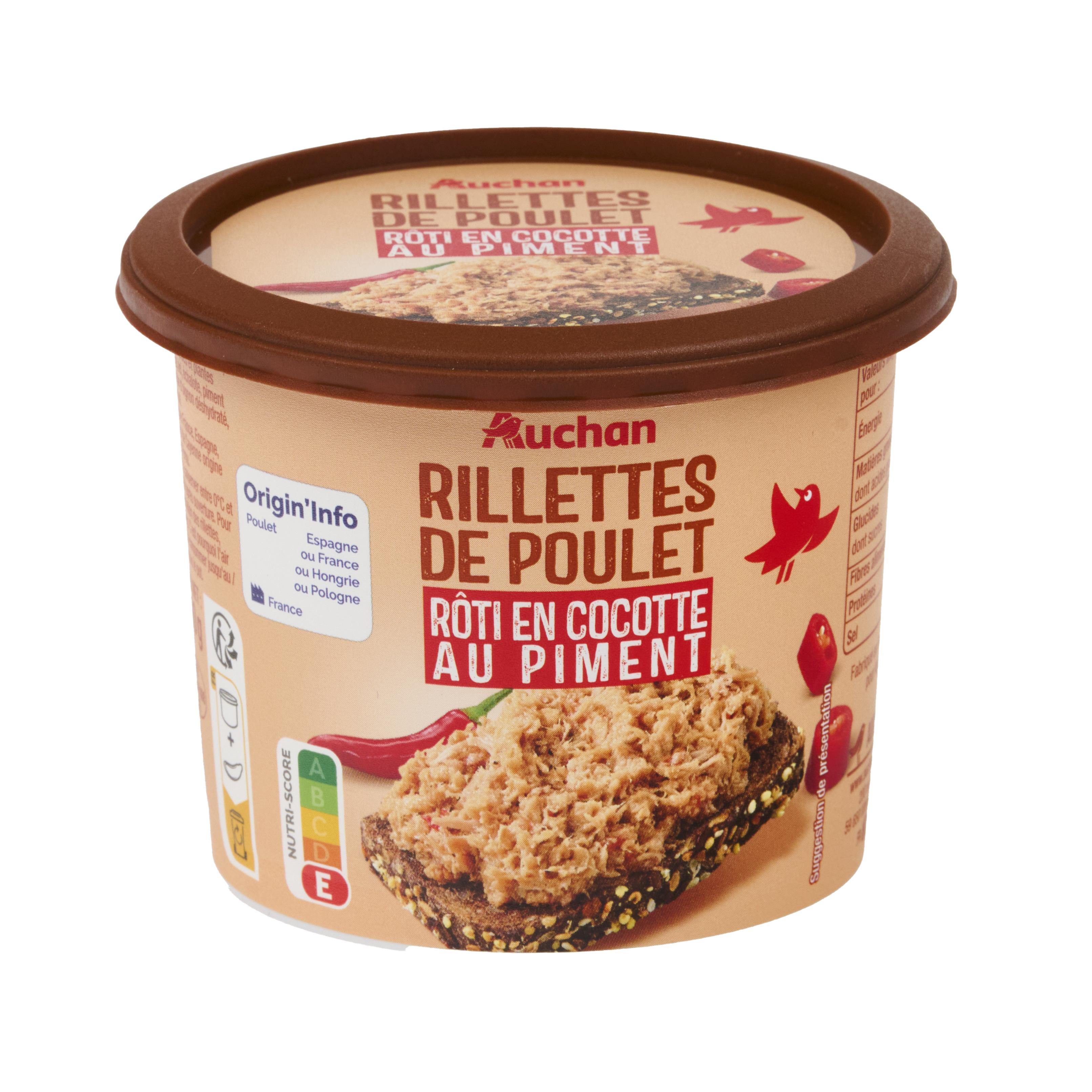 Voir la diapositive 3 : AUCHAN Rillettes de poulet rôti en cocotte au piment 200g
