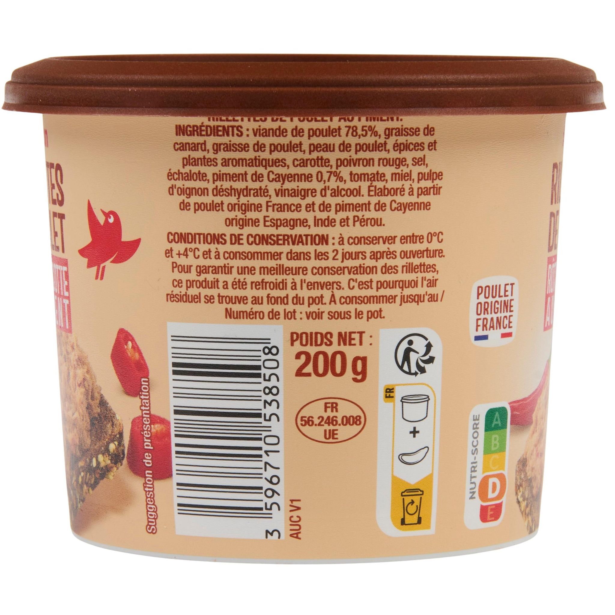 Voir la diapositive 3 : AUCHAN Rillettes de poulet rôti en cocotte au piment 200g