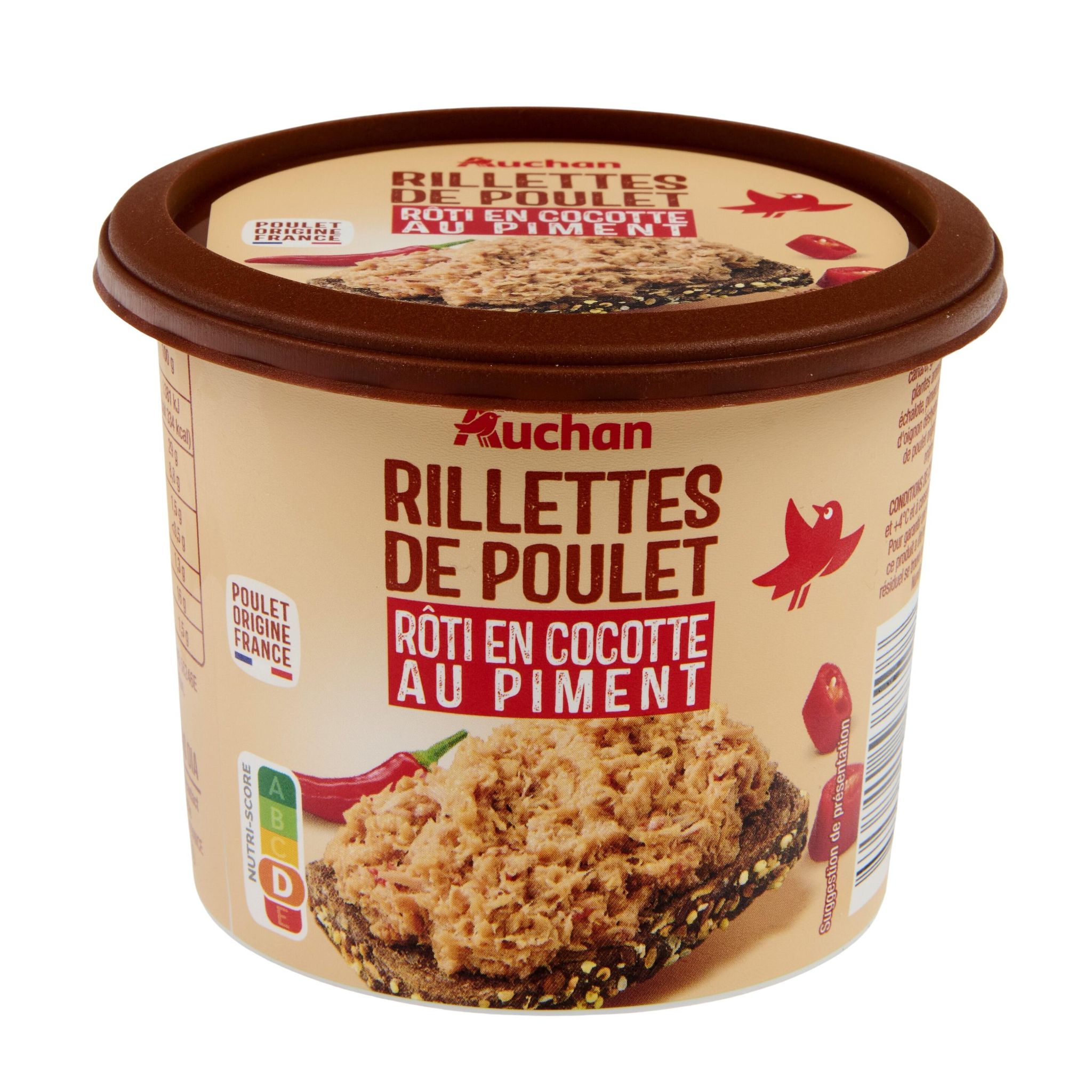 Voir la diapositive 5 : AUCHAN Rillettes de poulet rôti en cocotte au piment 200g