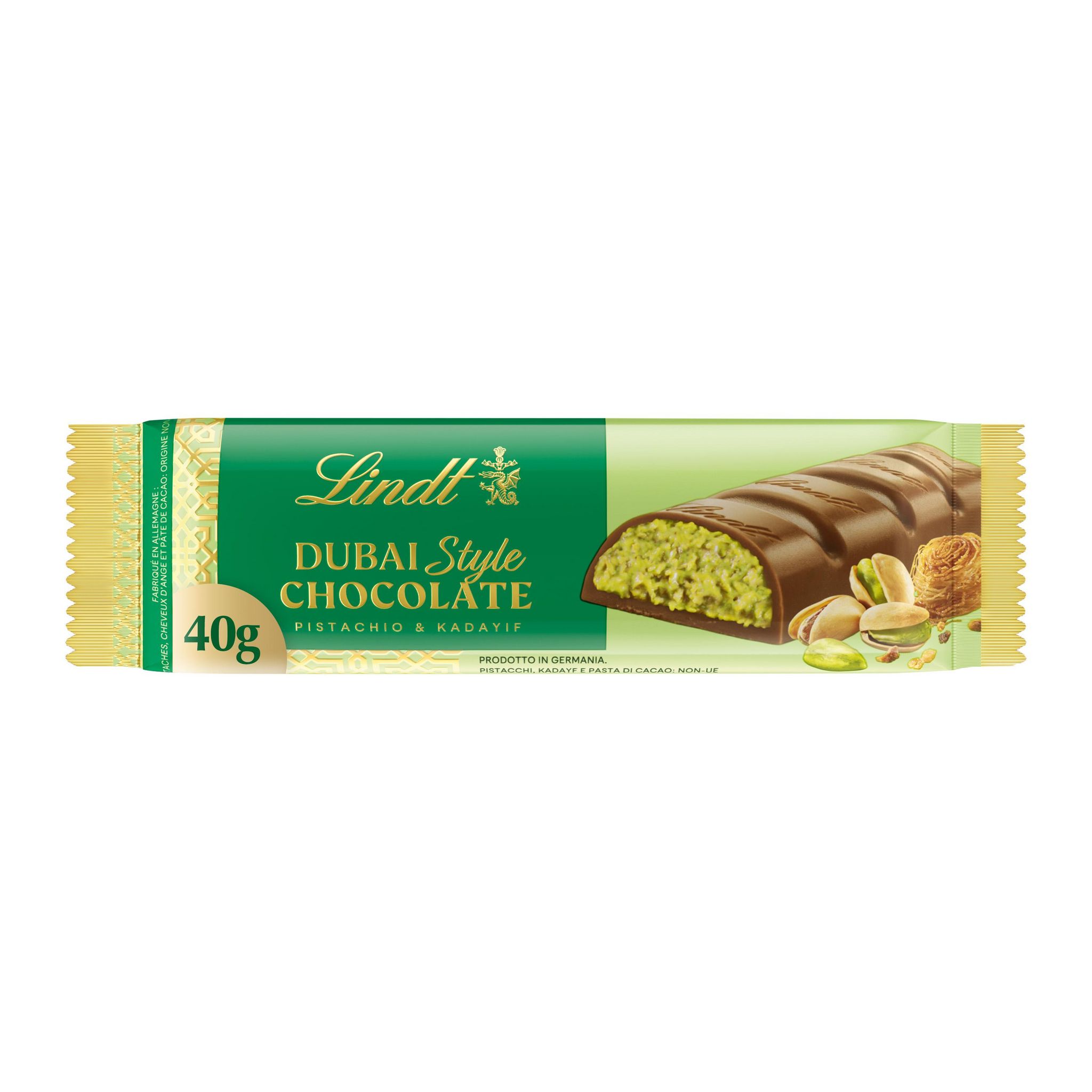 LINDT Barre Dubaï au chocolat au lait fourré pistache et kadaïf 40g