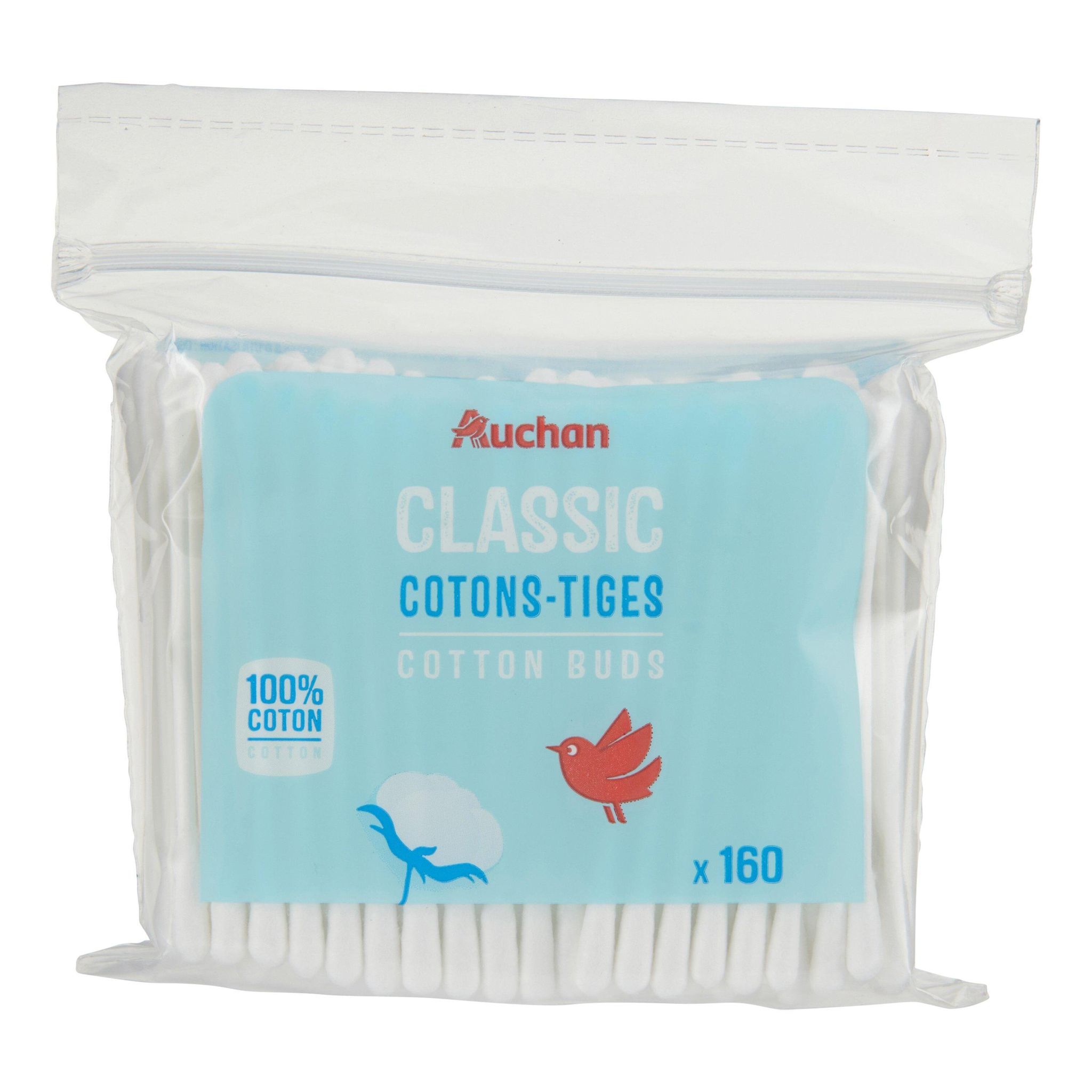 Voir la diapositive 2 : AUCHAN Cotons-tiges classic 100% coton 160 cotons-tiges