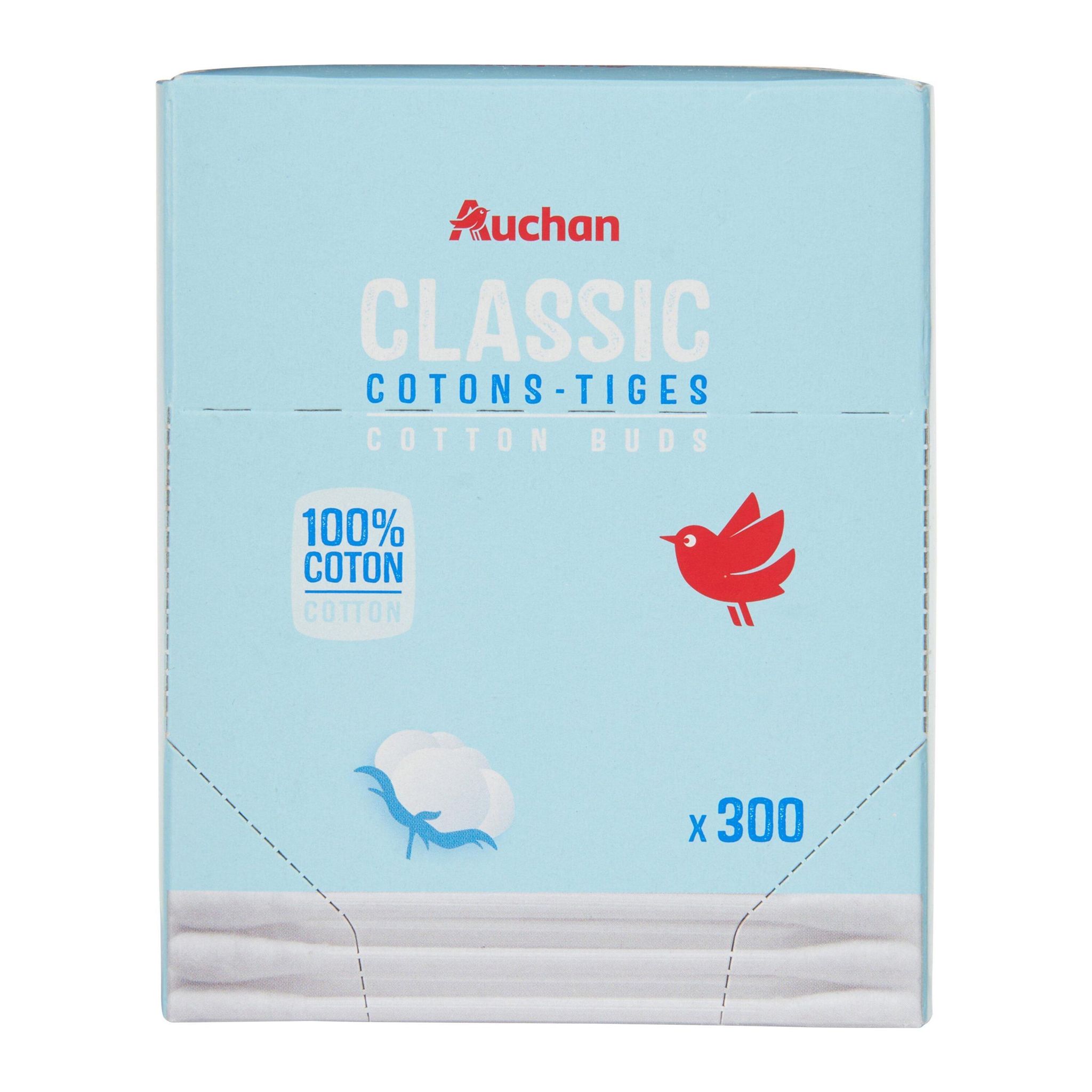 Voir la diapositive 2 : AUCHAN Cotons-tiges classic 100% coton boîte carton 300 cotons-tiges