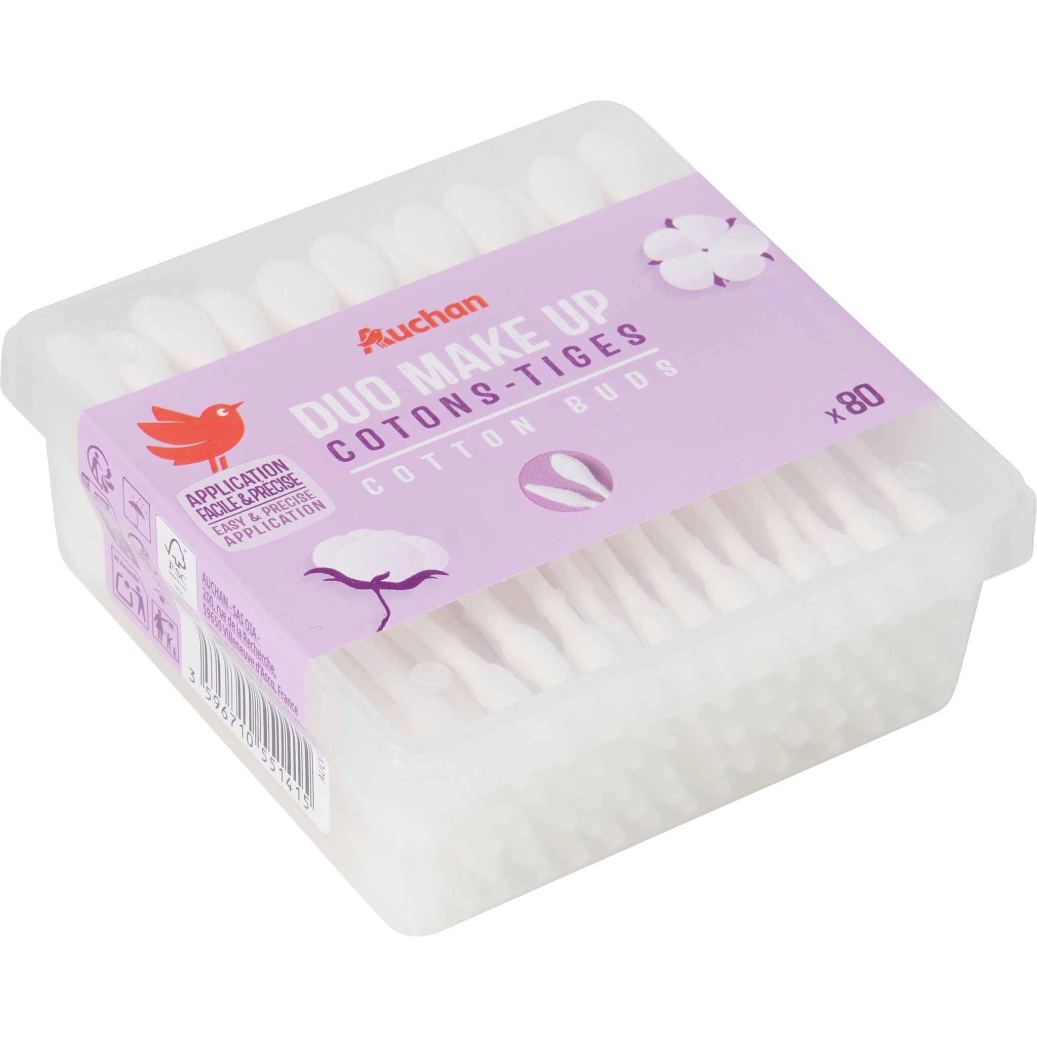Voir la diapositive 3 : AUCHAN Cotons-tiges duo make-up 80 cotons-tiges